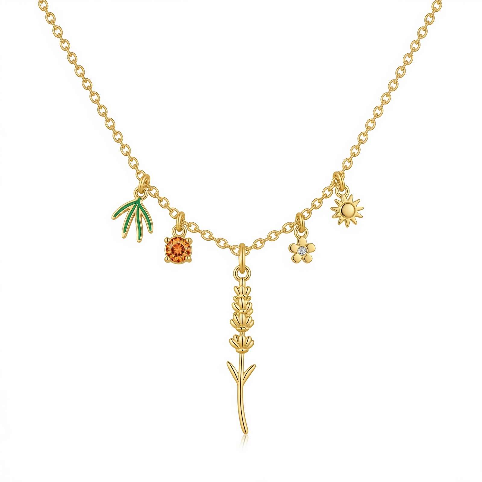 Dedicate Women's Gift Custom Birth Month Flower Birthstone Charm Necklace – Personalized Botanical Pendant Necklace Featuring Gold Sunflower Charm Nature Inspired Necklace Design