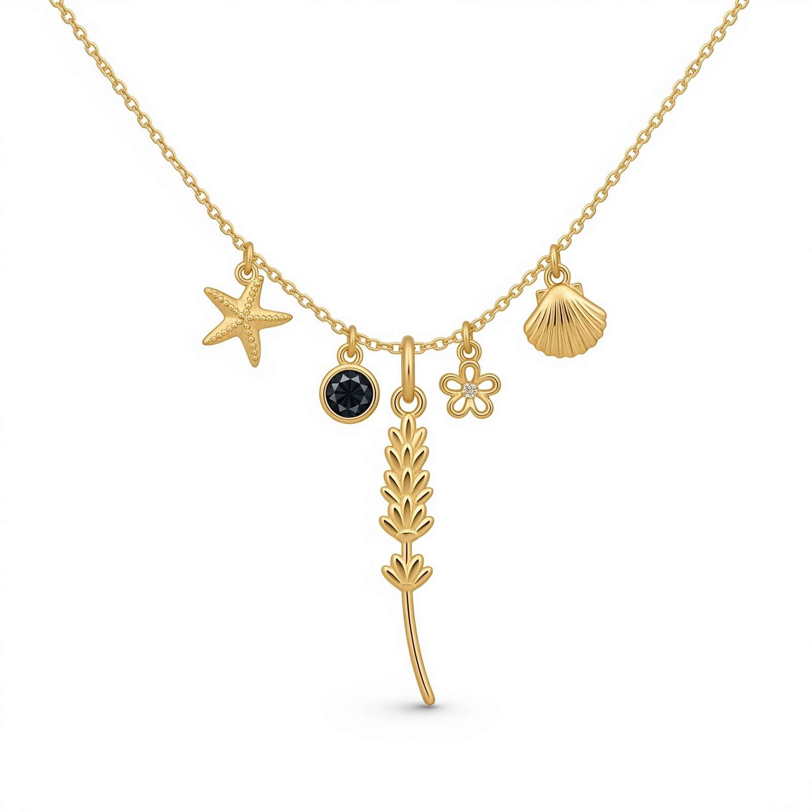 Gold Beach Charm Necklace with Personalized Birthstone & Flower Charms for Women – Custom Birth Month Jewelry Gift