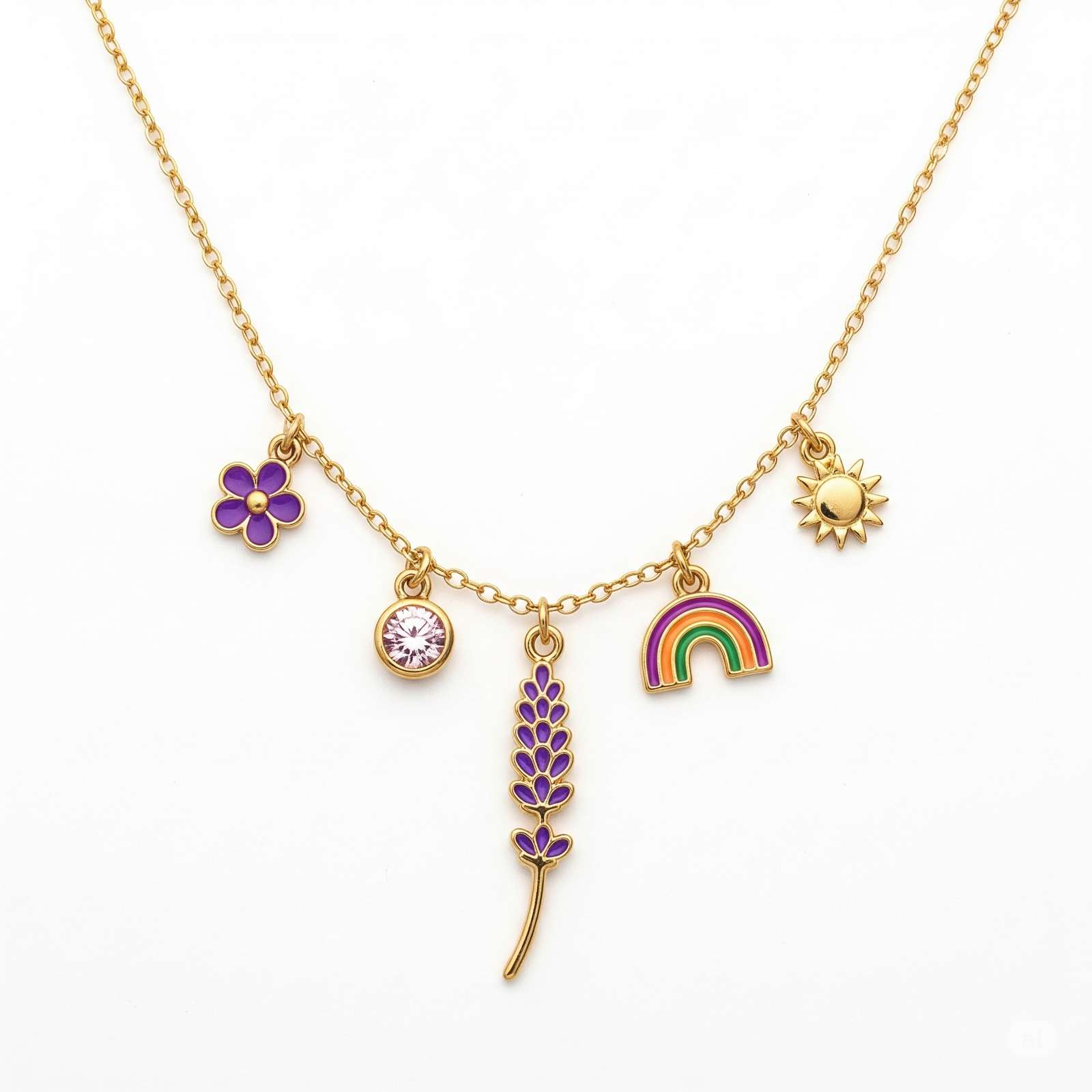 Colorful Floral Rainbow Pendant Necklace – Custom Birthstone Charm Necklace & Unique Women’s Charm Necklace with Sun, Flower, and Nature Charms