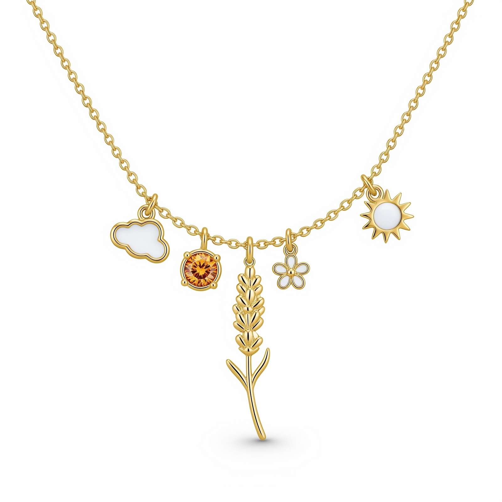 Gold Charm Wheat Necklace for Her – Elegant Dedicate Women's Gift Custom Birthstone Necklace with Birth Month Flower Pendant Jewelry