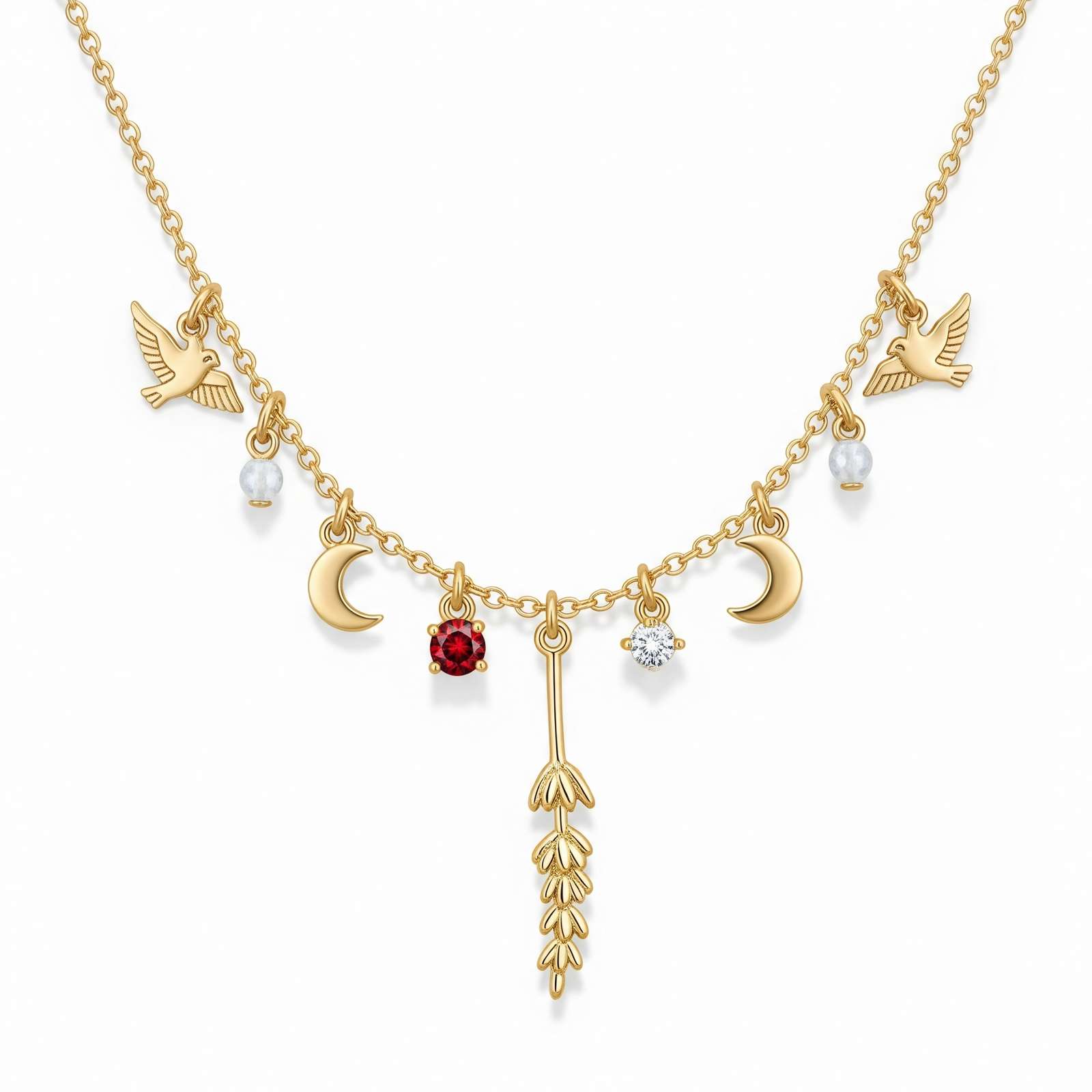 Dedicate Women's Charm Necklace with Celestial Bird Wheat Gold Accents – Custom Birth Month Jewelry with Moon, Star & Gem Details