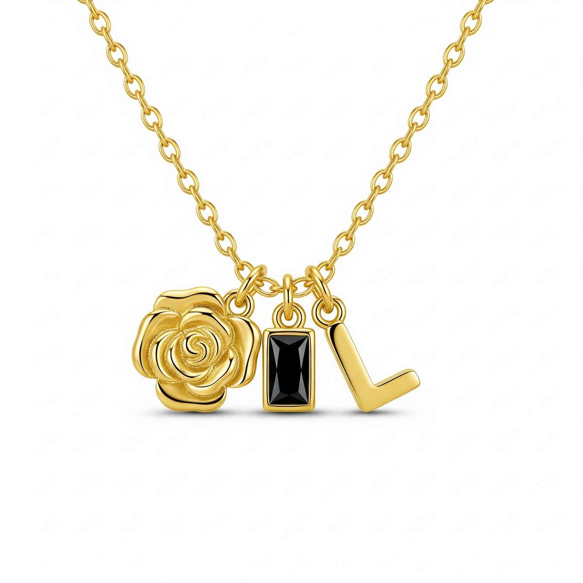 Dedicate women's gift custom birth month flower necklace with gold rose charm initial necklace and personalized black gemstone letter pendant – a timeless, elegant expression of love and individuality.