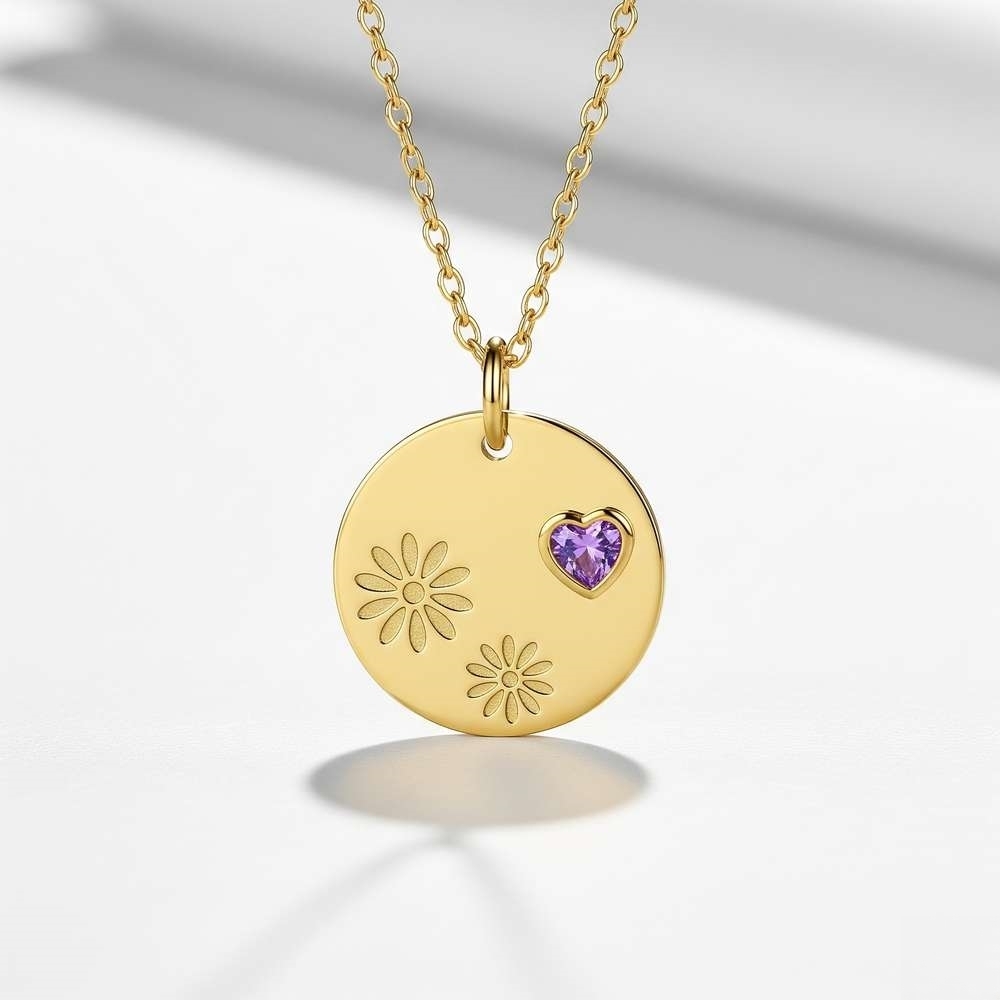 Gold Flower Heart Pendant Necklace for Women – Personalized Amethyst Heart Charm Disc Necklace with Custom Birth Month Flower – Dedicate Women's Gift Custom Birthstone Charm Necklace