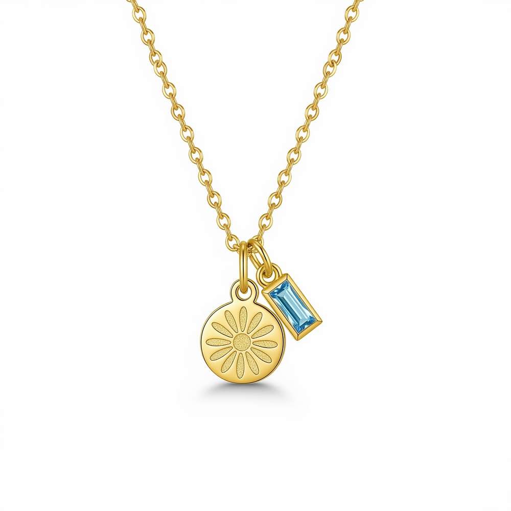Dedicate women's gift custom birth month flower birthstone charm necklace featuring a gold daisy pendant with blue topaz charm necklace, a personalized daisy and birthstone gold charm necklace for meaningful elegance