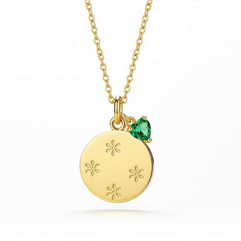 Gold Coin Pendant Necklace with Emerald Heart Charm – Personalized Daisy Birth Month Jewelry & Dedicate Women's Gift Custom Birthstone Flower Charm Necklace