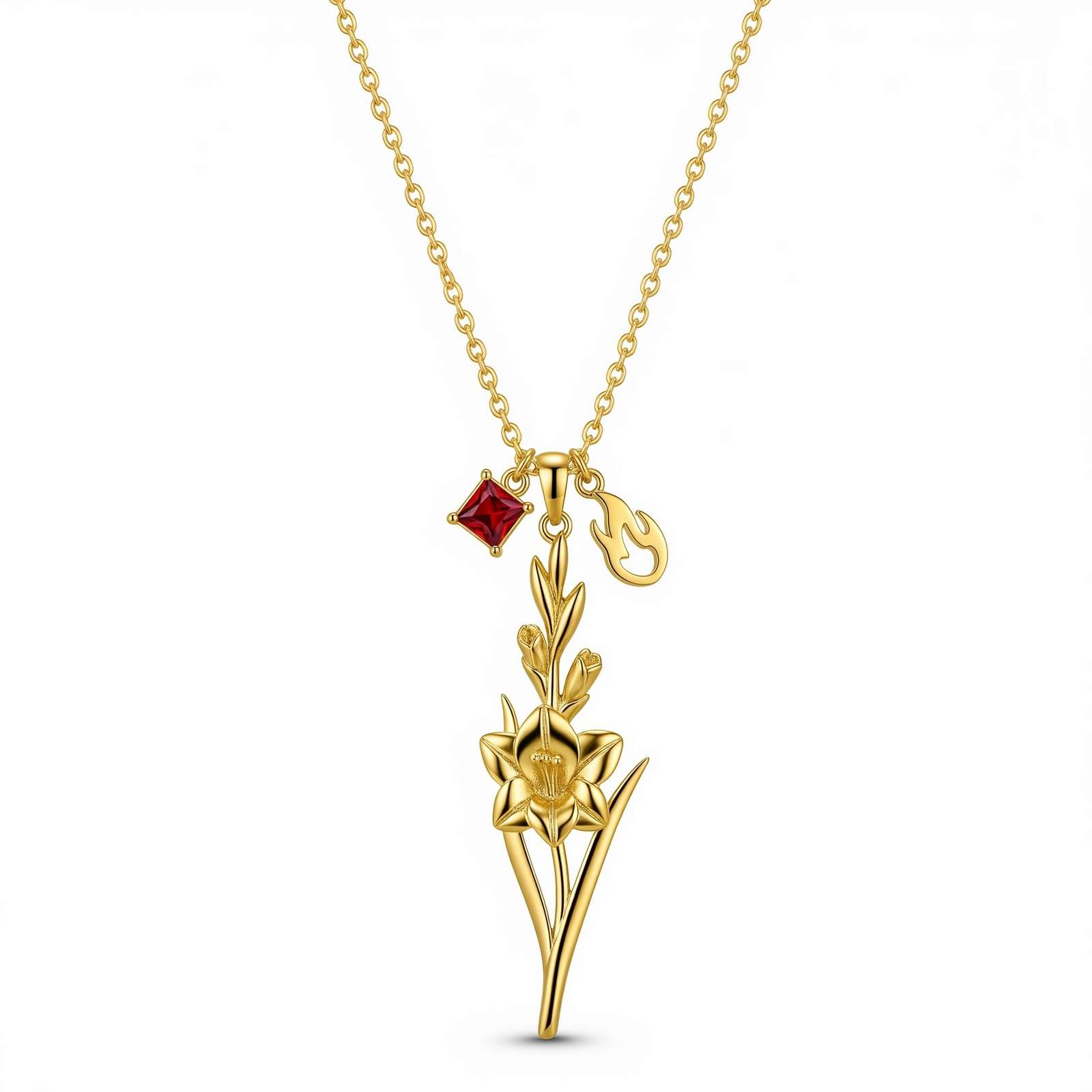 Dedicated Women's Gift Custom Birth Month Flower Birthstone Charm Necklace – Gold Daffodil Pendant Necklace with Red Gemstone – Personalized Floral Charm Necklace for Women