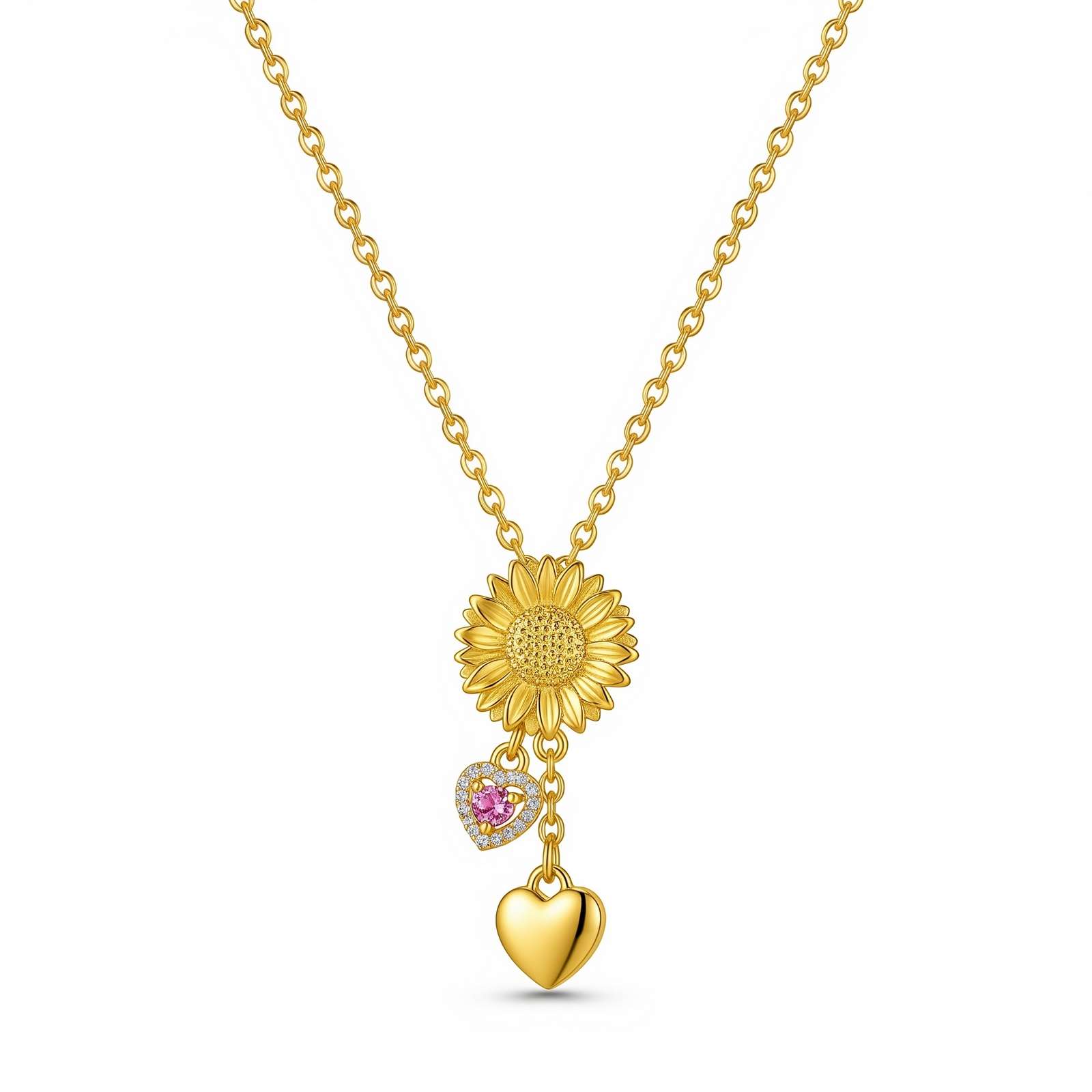 Dedicated Women's Gift Custom Birth Month Flower Birthstone Charm Necklace – Sunflower Charm Heart Pendant Gold Necklace with Personalized Pink Heart Crystal Sunflower Necklace Design
