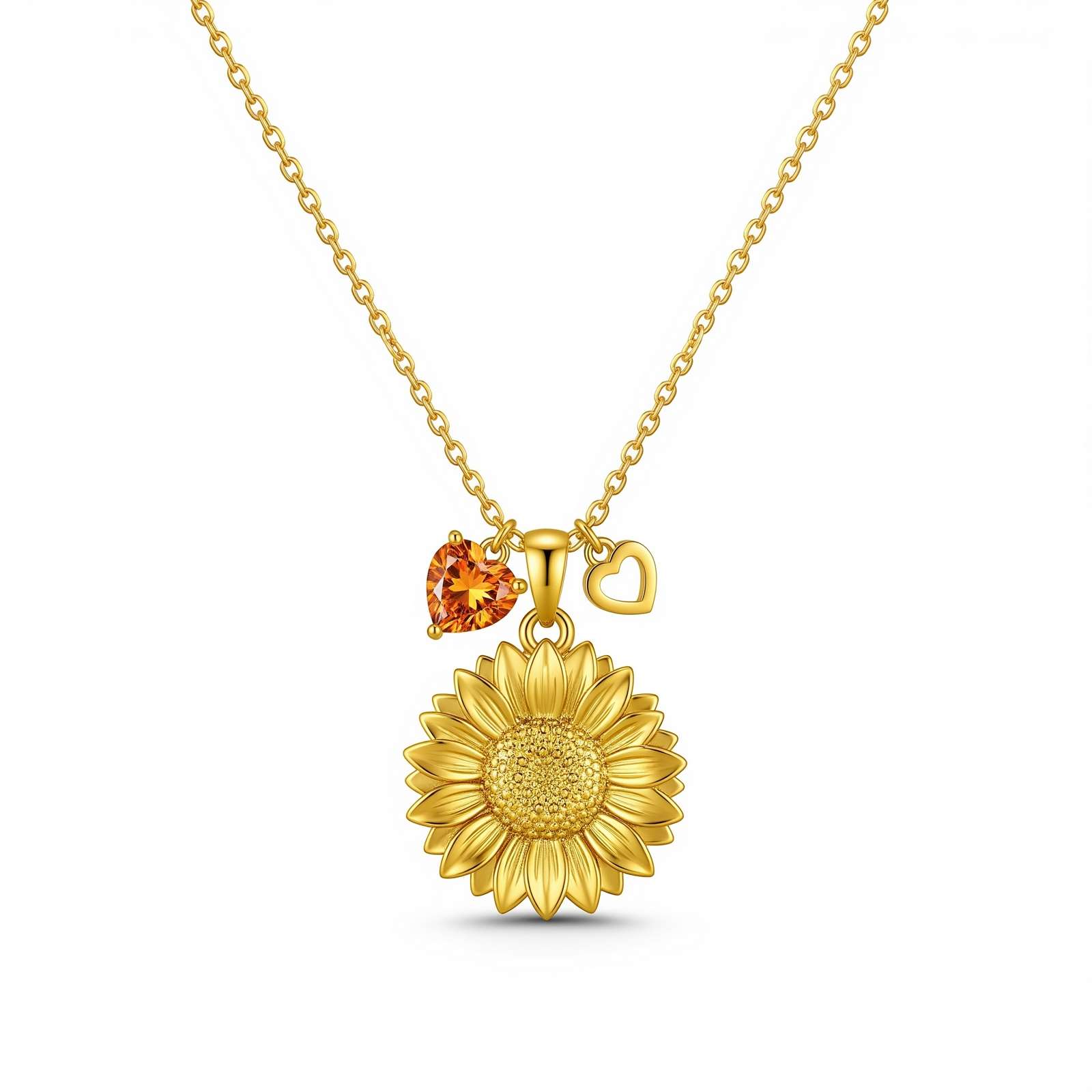 Dedicated Women's Gift Custom Birth Month Flower Necklace – Personalized Sunflower Necklace with Heart Charm – Sunflower Birthstone Charm Pendant Gold