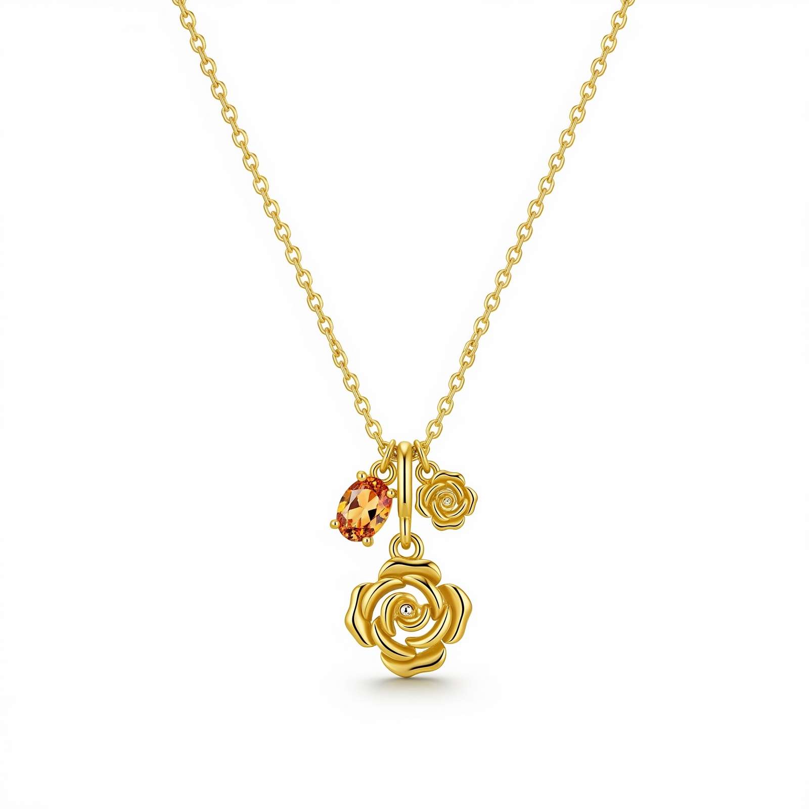 Dedicated Women's Gift Custom Birth Month Flower Birthstone Charm Necklace – Gold Rose Birthstone Necklace for Her – Personalized Floral Pendant with Orange Gemstone