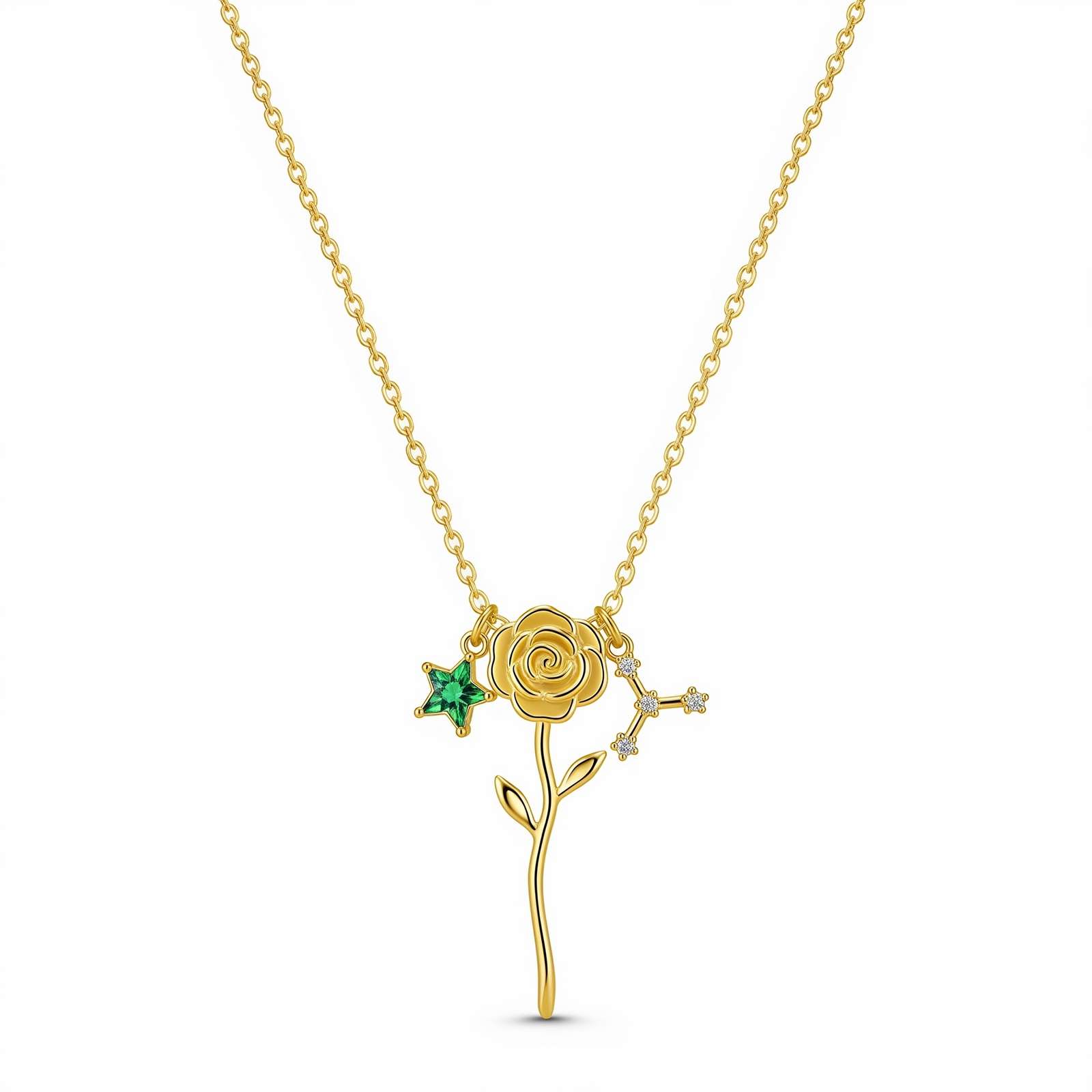 Dedicated Women's Gift Custom Birth Month Flower Birthstone Charm Necklace – Gold Rose Birthstone Zodiac Necklace – Personalized Floral Star Pendant for Women