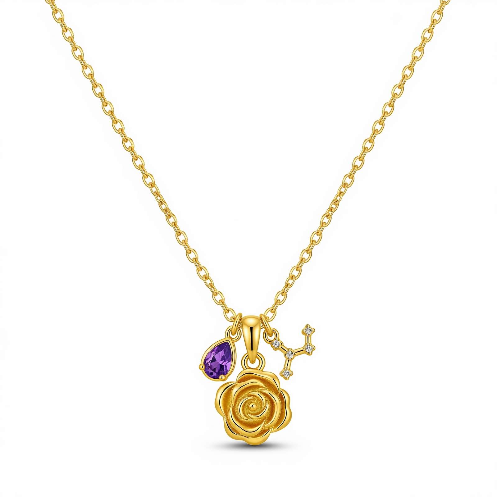 Dedicated Women's Gift Custom Birth Month Flower Birthstone Charm Necklace – Gold Rose Birth Flower Necklace with Amethyst Charm – Personalized Zodiac and Birthstone Necklace for Women