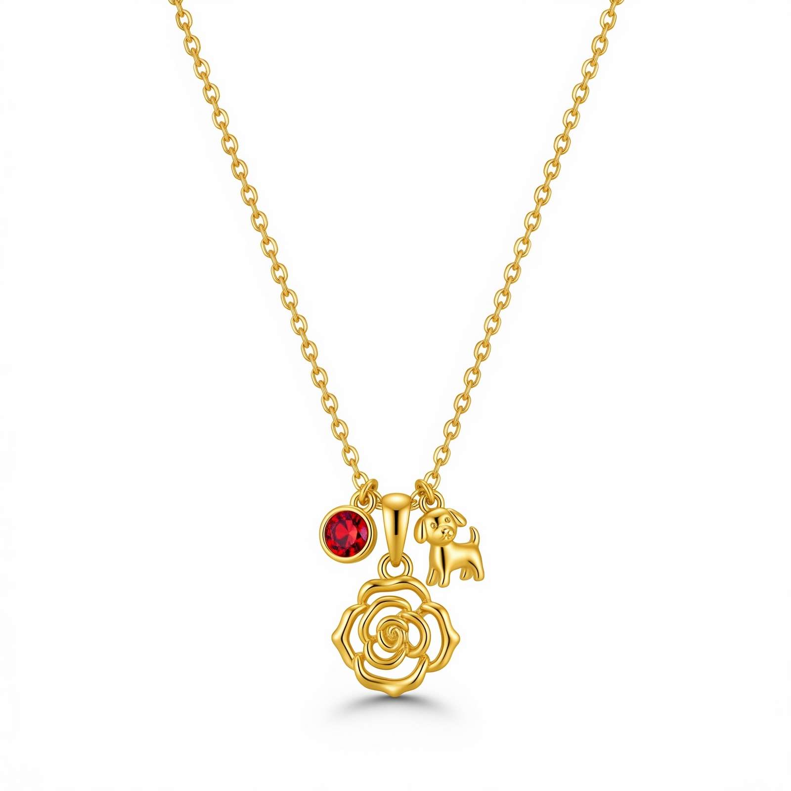 Dedicated Women's Gift Custom Birth Month Flower Birthstone Charm Necklace – Gold Zodiac Necklace with Rose Flower and Birthstone – Personalized Astrological Charm Pendant for Women