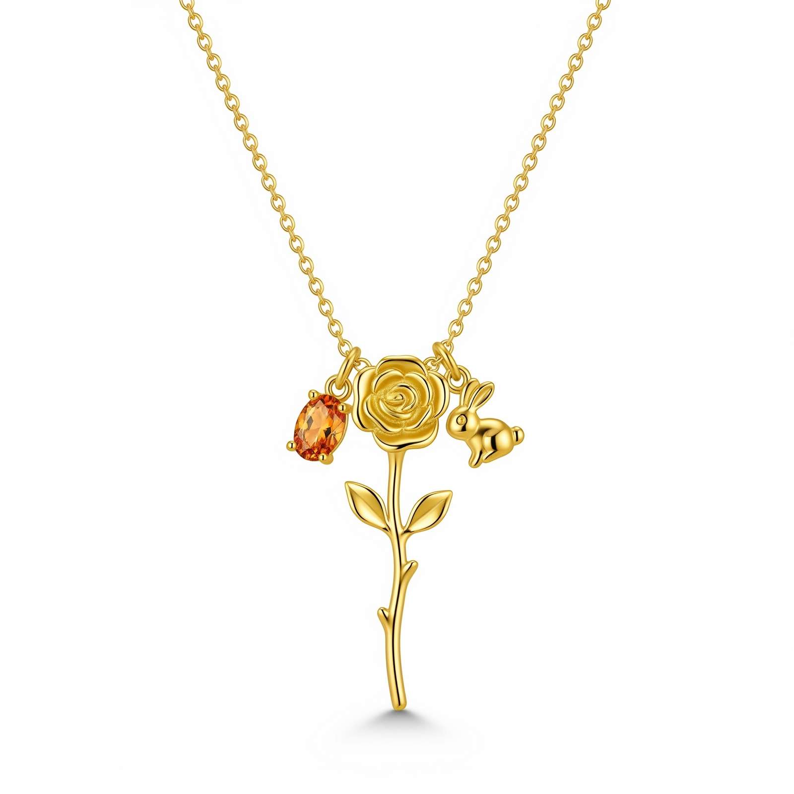Dedicated Women's Gift Custom Birth Month Flower Birthstone Charm Necklace – Personalized Floral Animal Charm Jewelry with Gold Rose Bunny Pendant Necklace