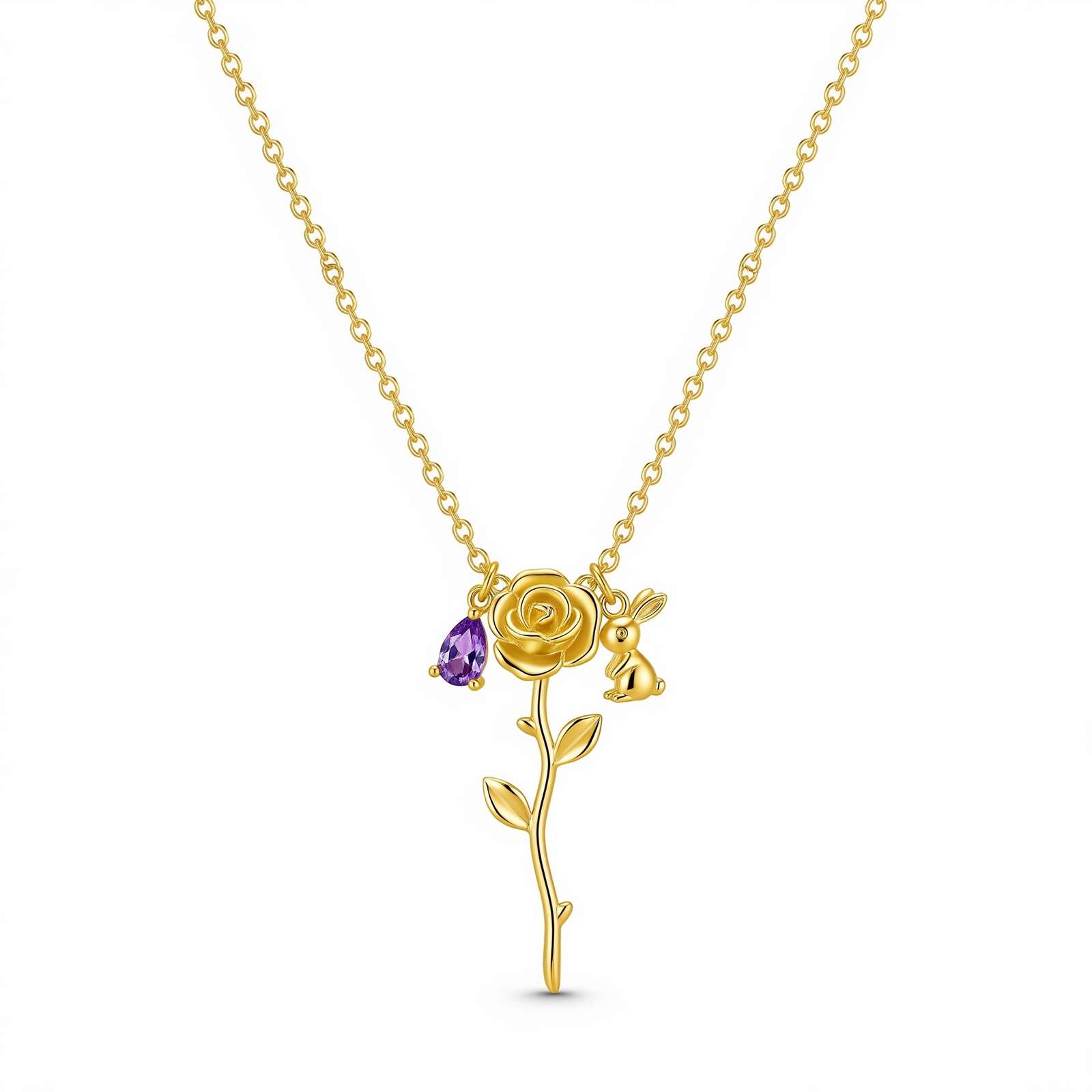 Gold Rose Bunny Birthstone Charm Necklace – A Custom Floral Animal Pendant Gift for Her | Dedicated Women’s Birth Month Flower Necklace