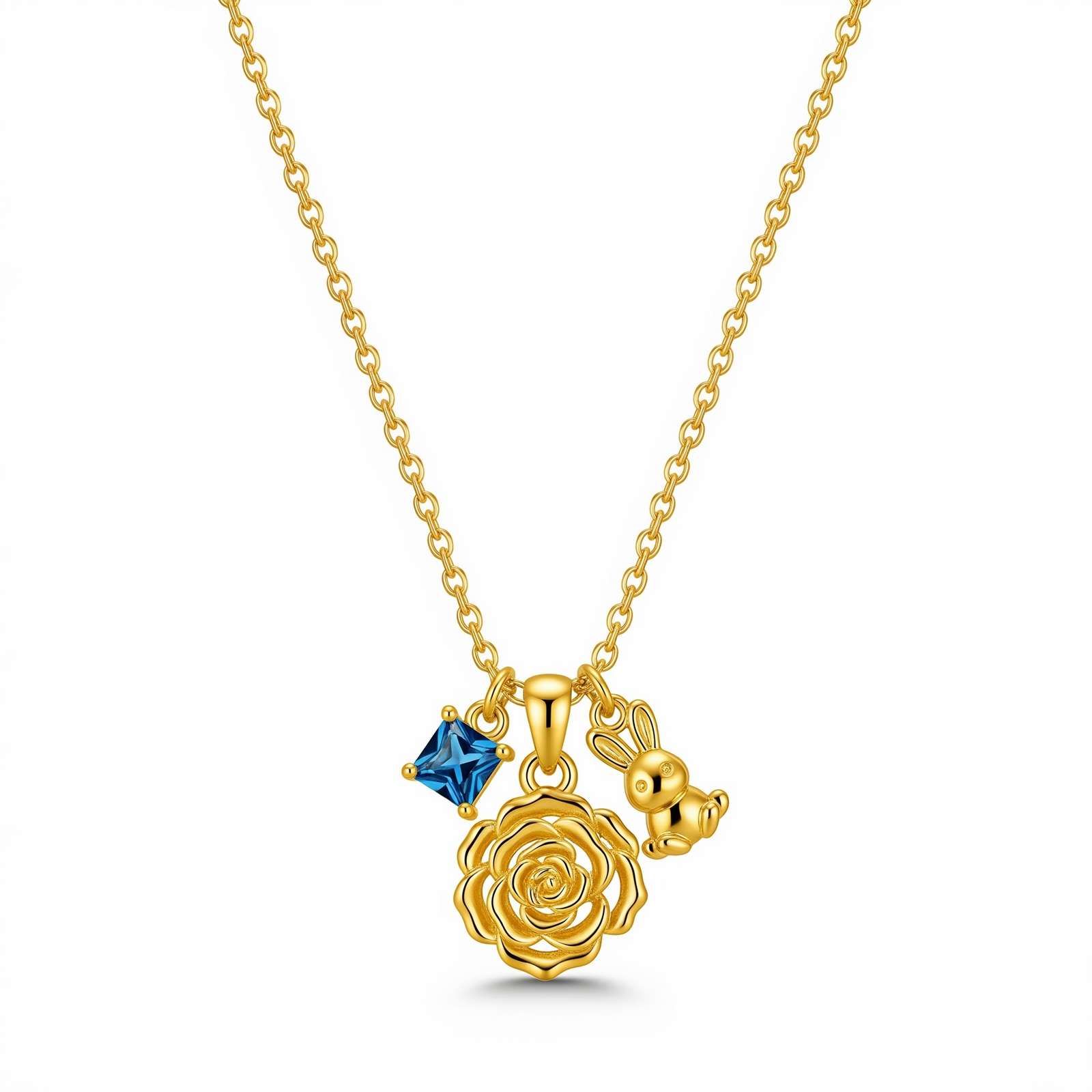 Dedicated Women's Gift Custom Birth Month Flower Birthstone Charm Necklace – Gold Bunny Rose Charm Necklace for Women – Personalized Blue Birthstone Floral Pendant Necklace