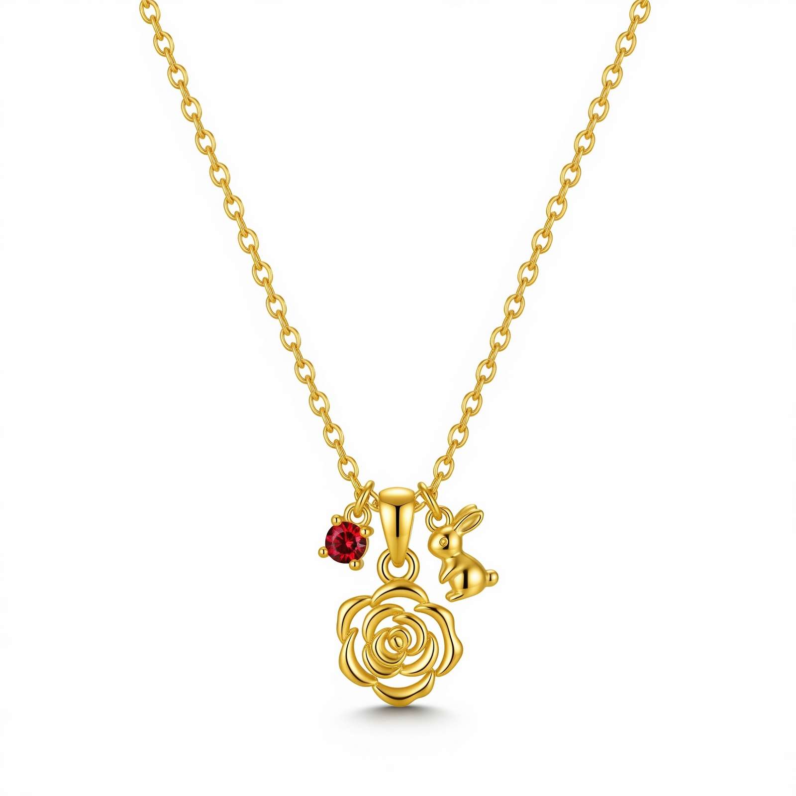 Dedicated Women's Gift Custom Birth Month Flower Birthstone Charm Necklace – Gold Rose Charm Necklace with Bunny and Red Crystal – Personalized Floral Pendant Necklace for Women