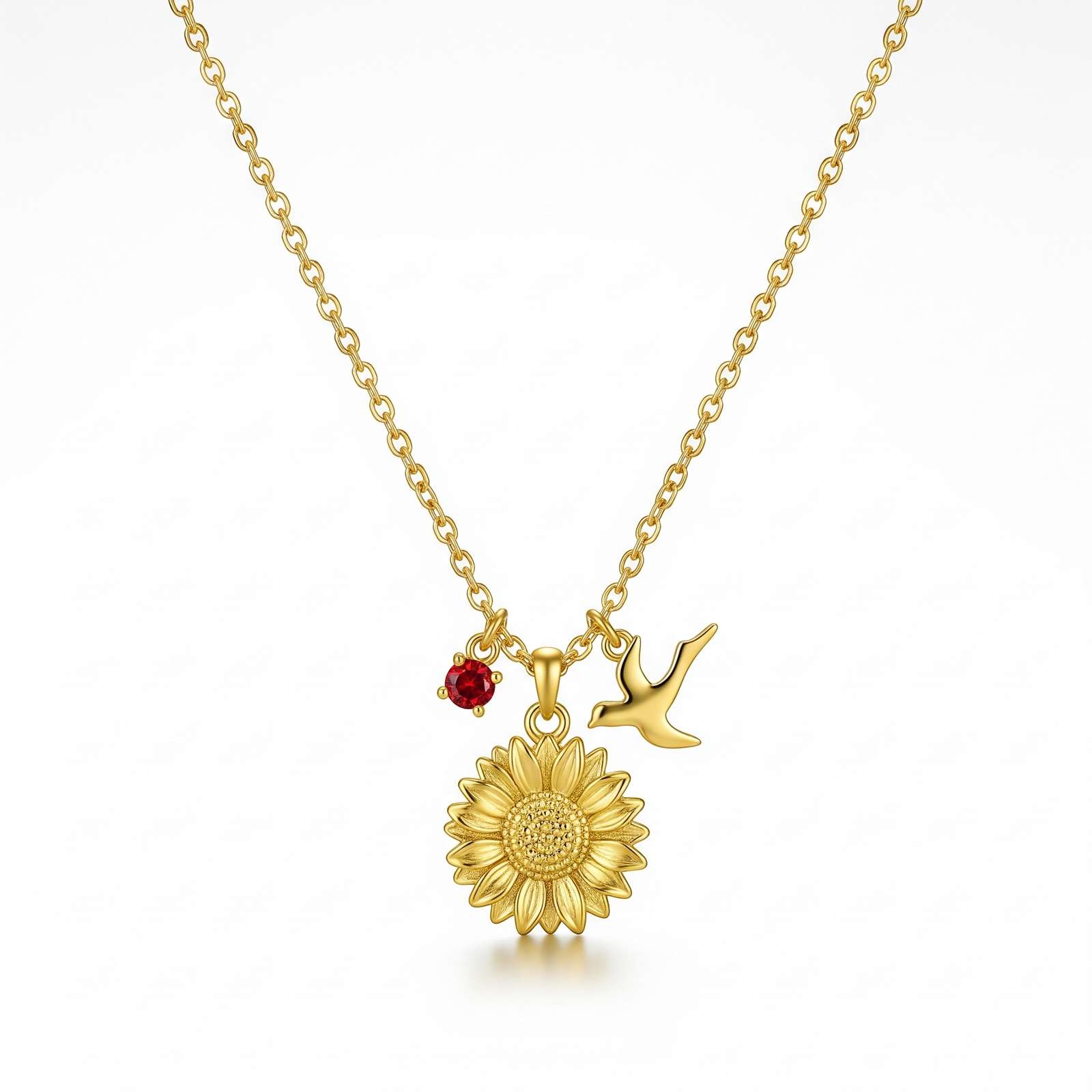 Dedicated Women's Gift Custom Birth Month Flower Birthstone Charm Necklace – Sunflower Birthstone Necklace Gold with Personalized Sunflower Bird Charm Jewelry
