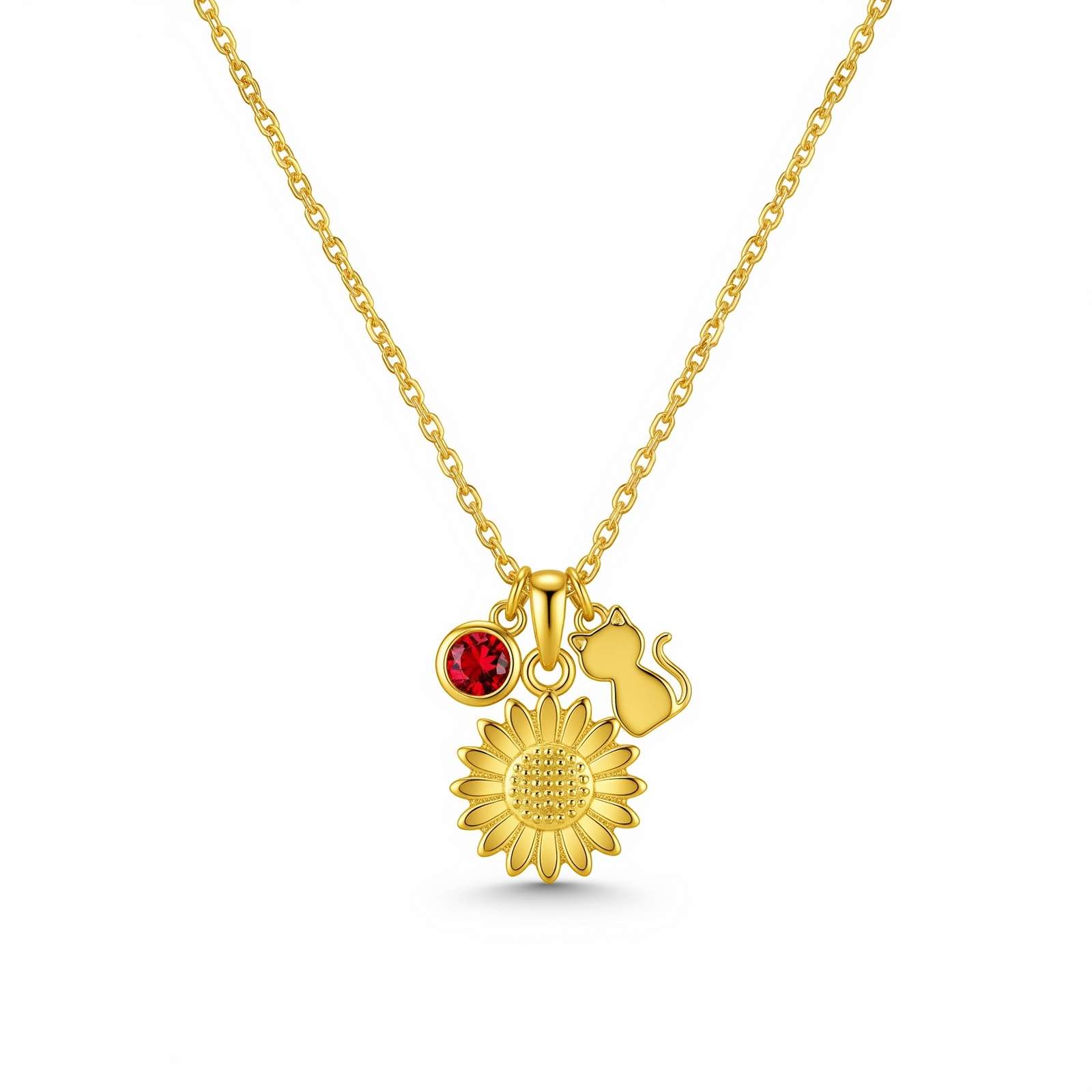 Dedicated Women's Gift Custom Birth Month Flower Birthstone Charm Necklace – Personalized Gold Sunflower Birthstone Necklace with Cat Charm, Unique Sunflower Cat Charm Necklace for Women