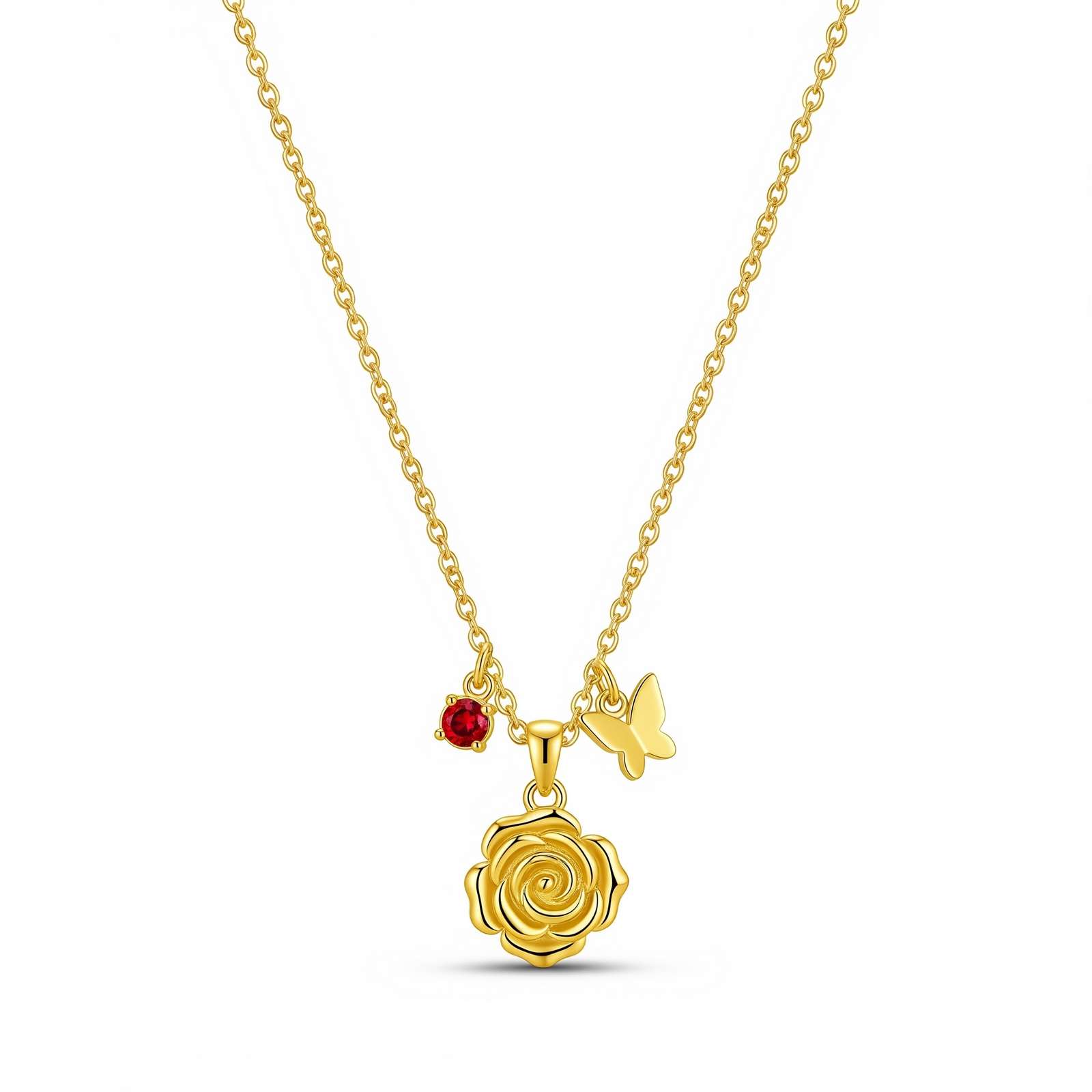 Dedicated Women's Gift Custom Birth Month Flower Birthstone Charm Necklace, Gold Rose Butterfly Pendant Necklace with Red Gemstone, Personalized Floral Charm Necklace for Women