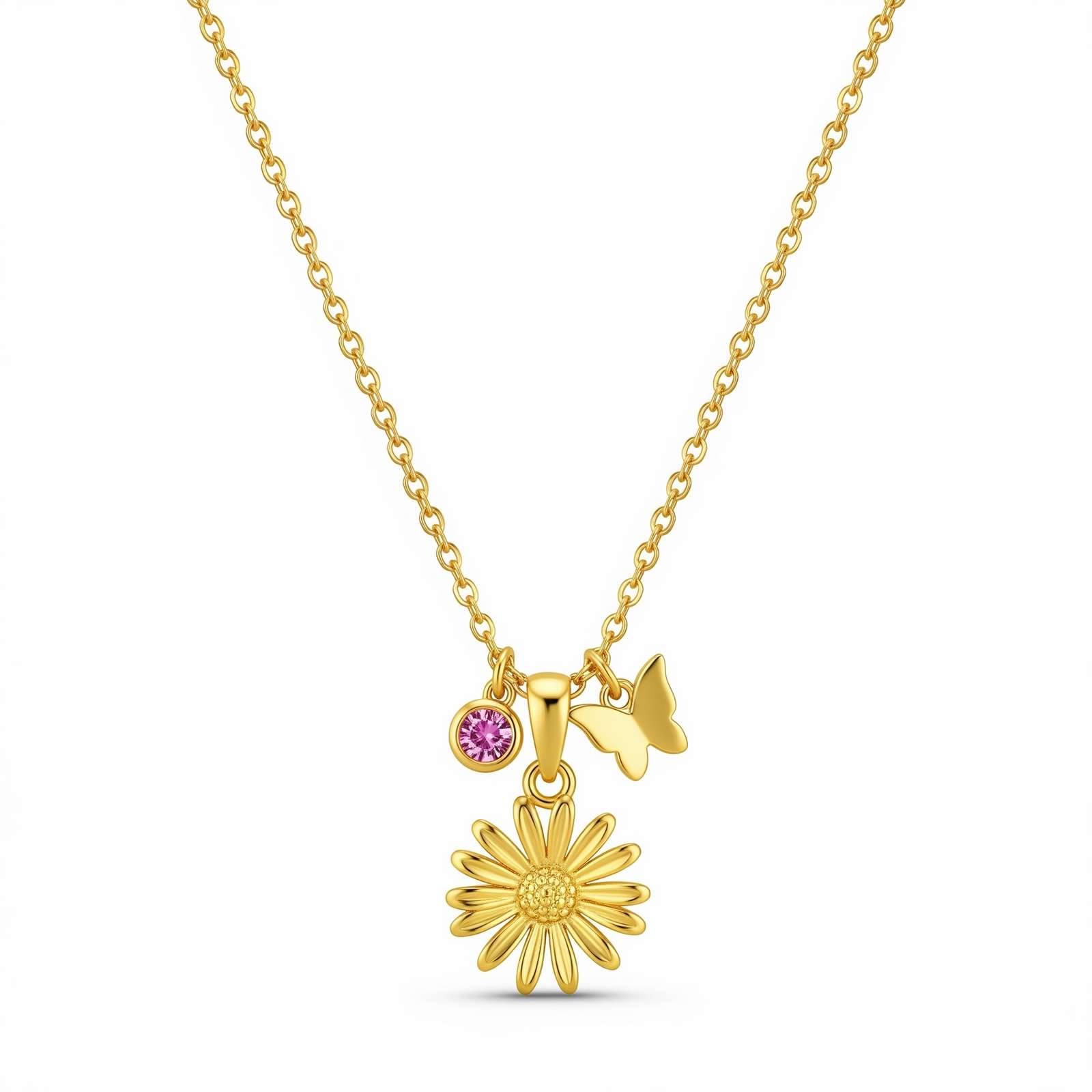 Custom Birth Flower Necklace for Women – Gold Daisy Butterfly Charm Necklace with Personalized Birthstone Flower Pendant Gift