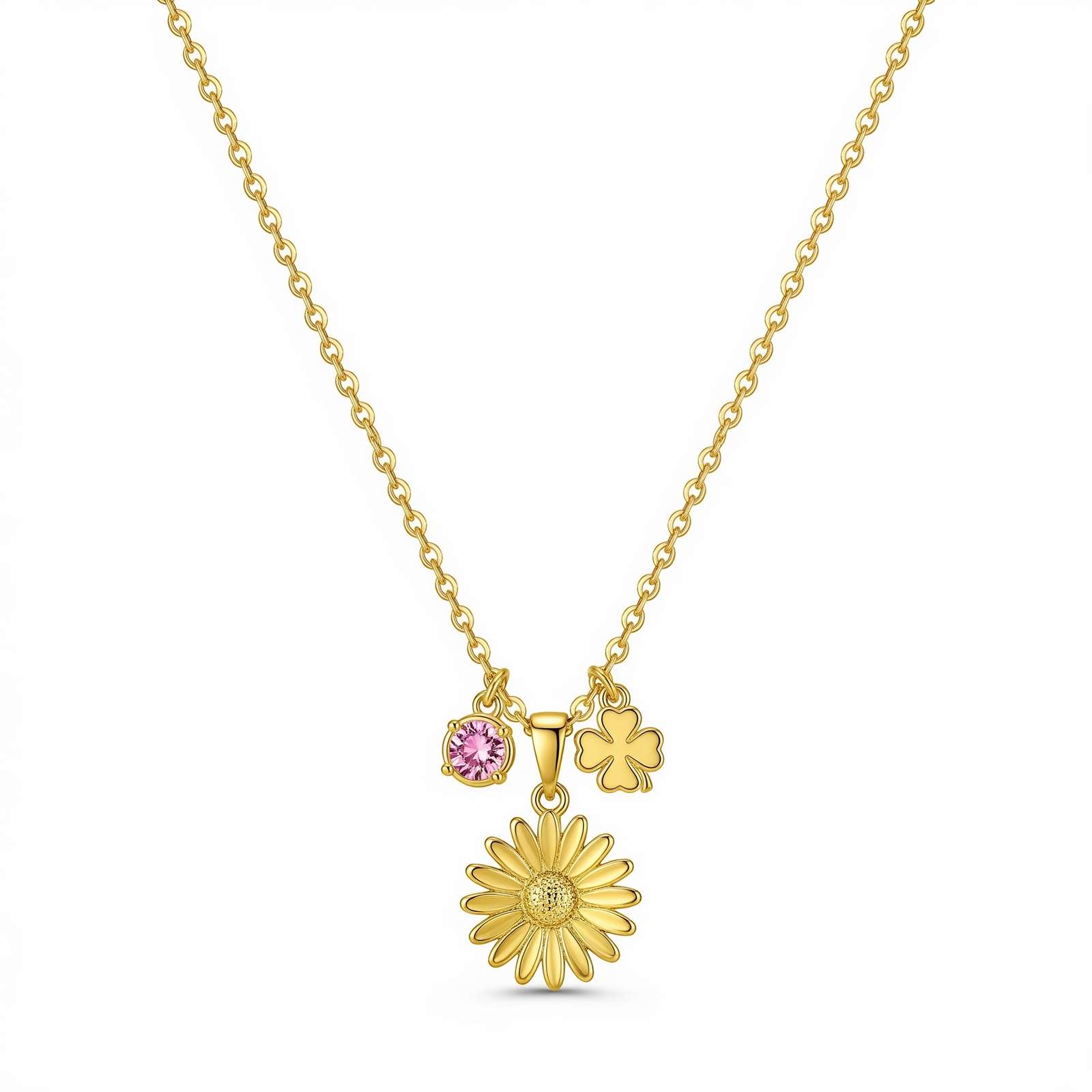 Flower Birthstone Charm Necklace – Personalized Gift Necklace for Women Featuring Women's Custom Birth Month Flower Necklace with Pink Gem and Lucky Clover Accents