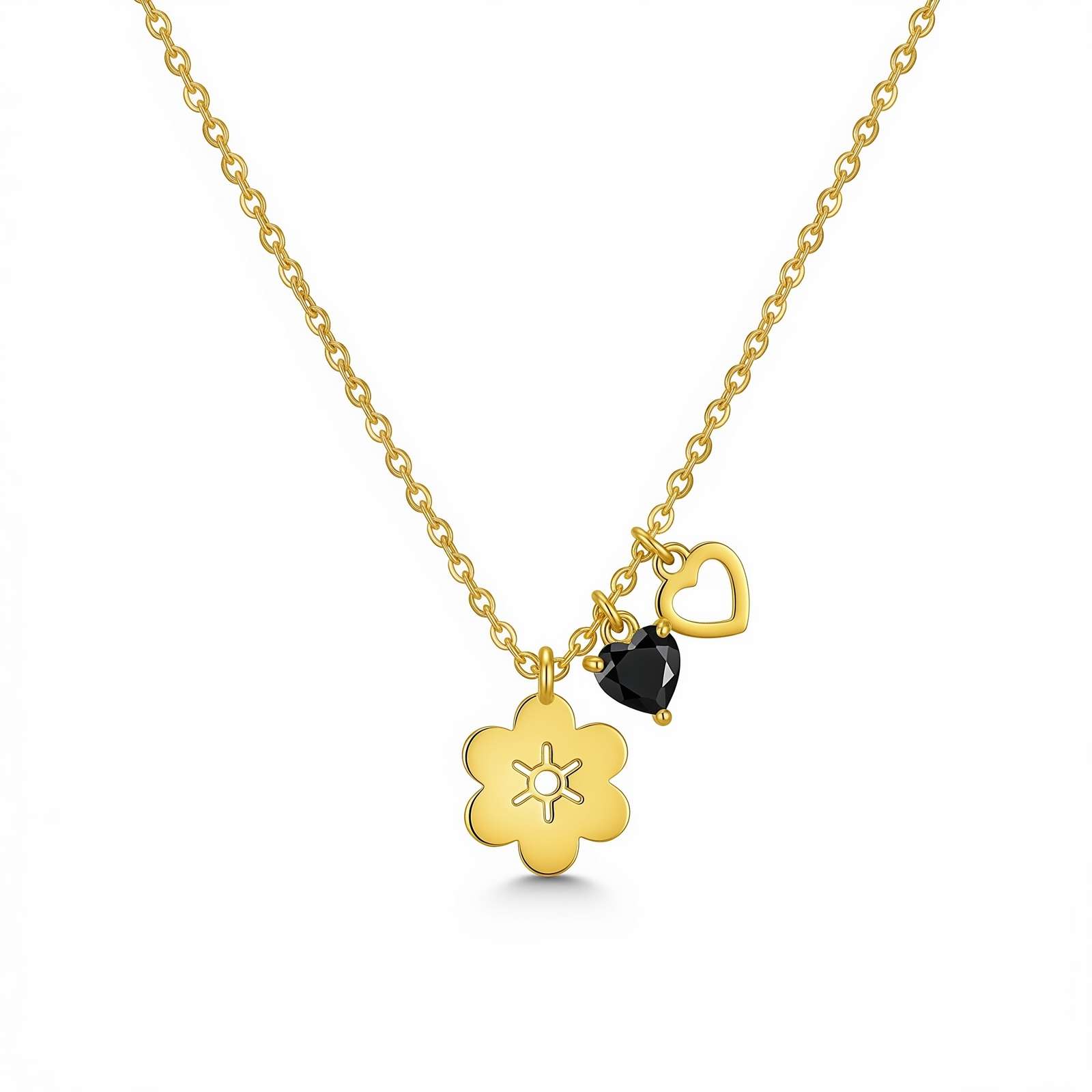Custom Birthstone Charm Necklace – Personalized Women's Birth Month Flower Necklace with Heart & Black Gem – Unique Birthstone Necklace Gift for Her