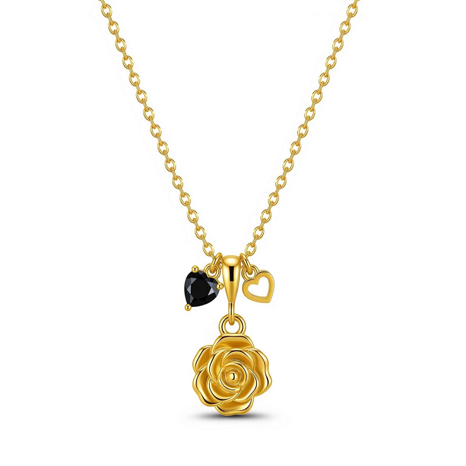 Dedicated Women's Gift Custom Birth Month Flower Birthstone Charm Necklace – Gold Rose Pendant Necklace with Sapphire Heart Charm – Personalized Gold Floral Charm Necklace for Her