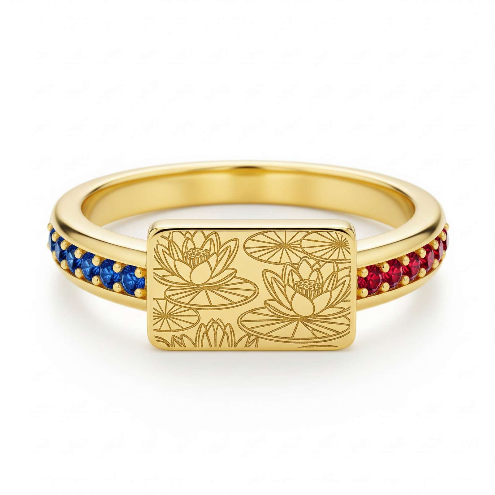 Dainty Keepsake 12 Month Customized Stainless Steel Birth Flower Ring – Lotus Flower Engraved Gold Birthstone Ring – Two-Tone Sapphire Ruby Personalized Stacking Ring