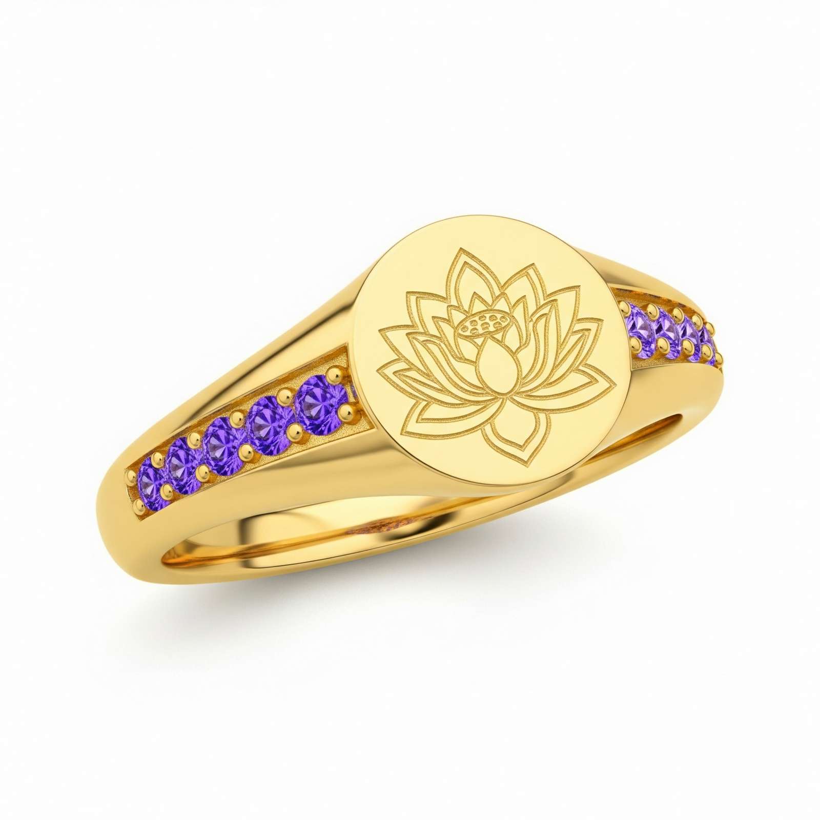 Dainty Keepsake Lotus Birth Flower Ring – Gold Lotus Signet Ring with Purple Stones – Customized Birth Month Flower Ring for Elegant Symbolic Style