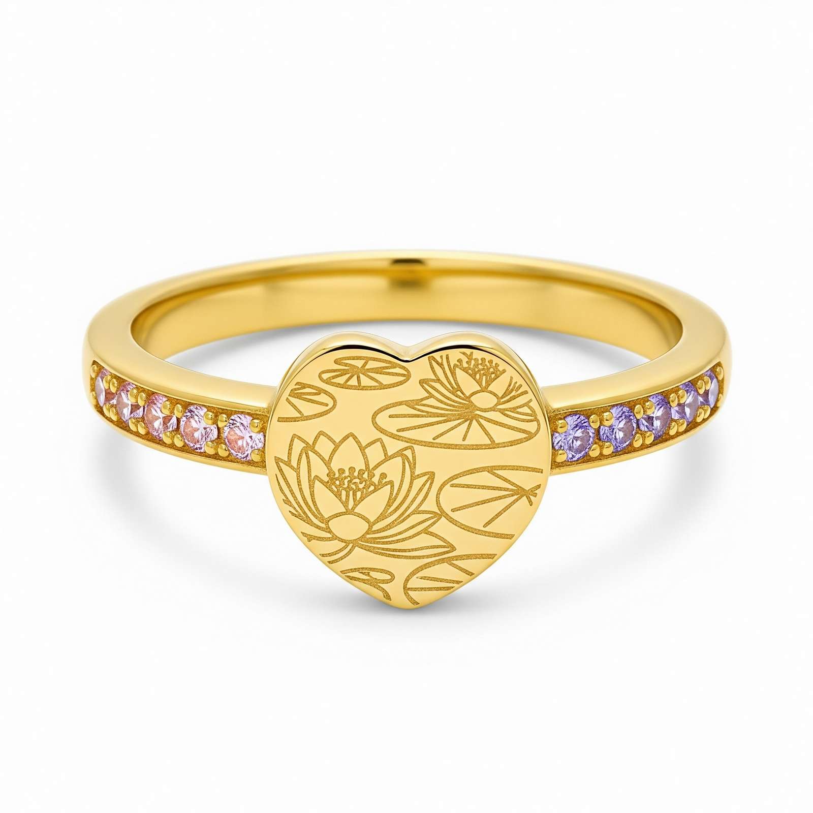 Gold Lotus Heart Ring with Pink Sapphires – Dainty Keepsake 12 Month Customized Stainless Steel Birth Flower Ring – Engraved Floral Heart Dainty Promise Ring