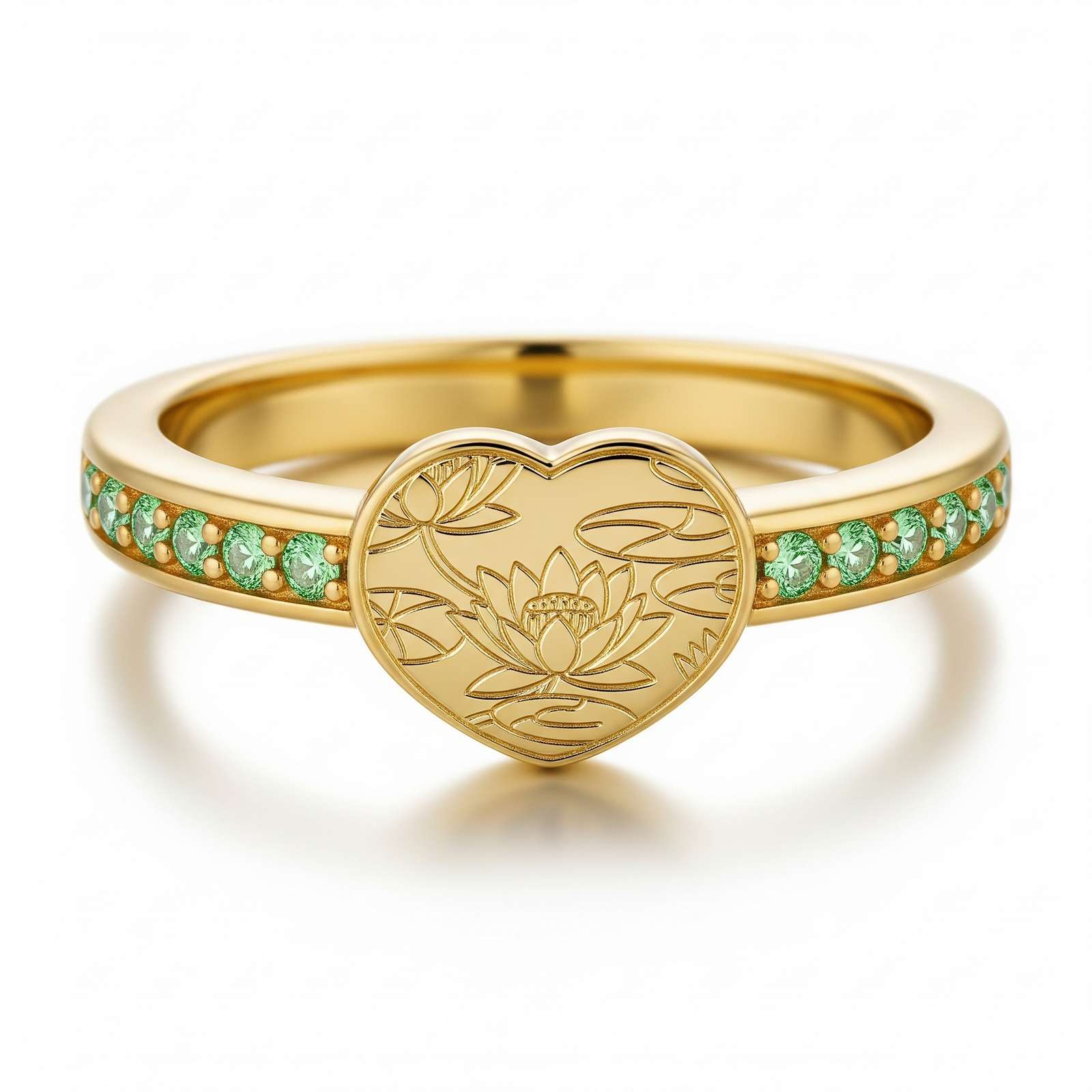 Dainty Keepsake 12 Month Customized Stainless Steel Birth Flower Ring – Engraved Heart Lotus Flower Gold Ring with Minimalist Gold Birthstone Ring Detail