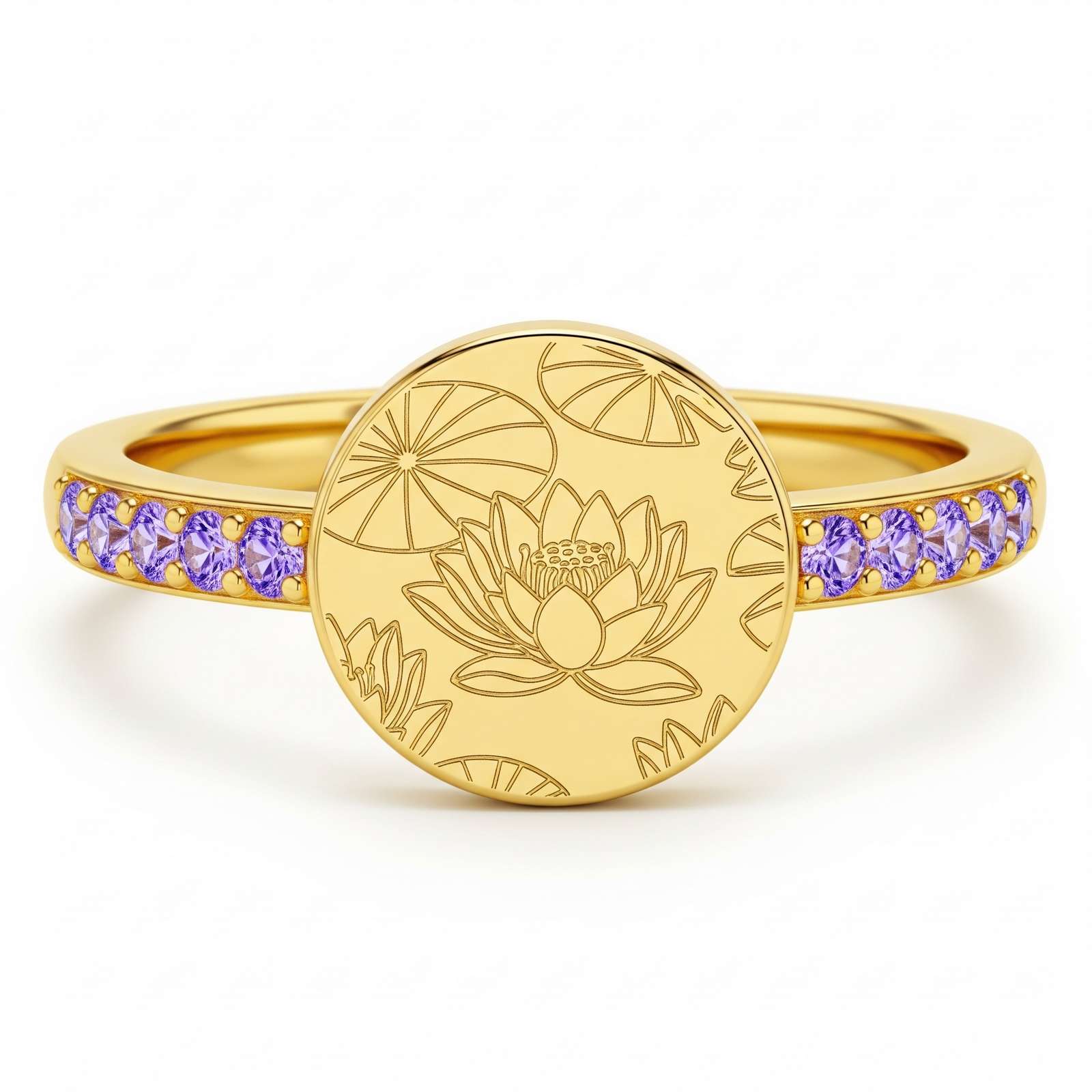 Dainty Keepsake 12 Month Customized Stainless Steel Birth Flower Ring – Gold Lotus Flower Ring with Amethyst Accents – Personalized Floral Engraved Gold Birthstone Ring