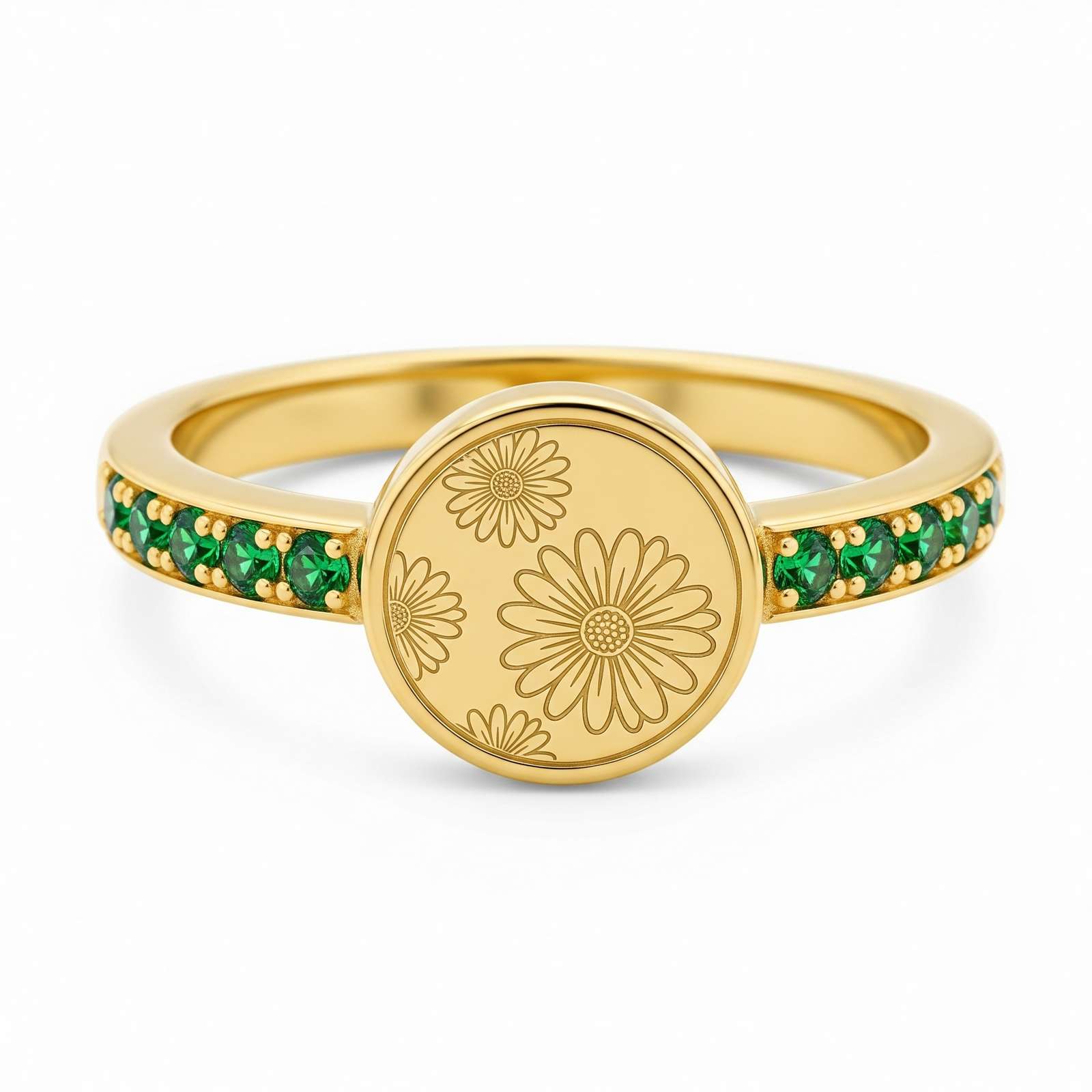 Dainty Keepsake Birth Flower Ring – Engraved Gold Floral Ring with Green Stones – Personalized 12 Month Flower Ring for Meaningful Gifting