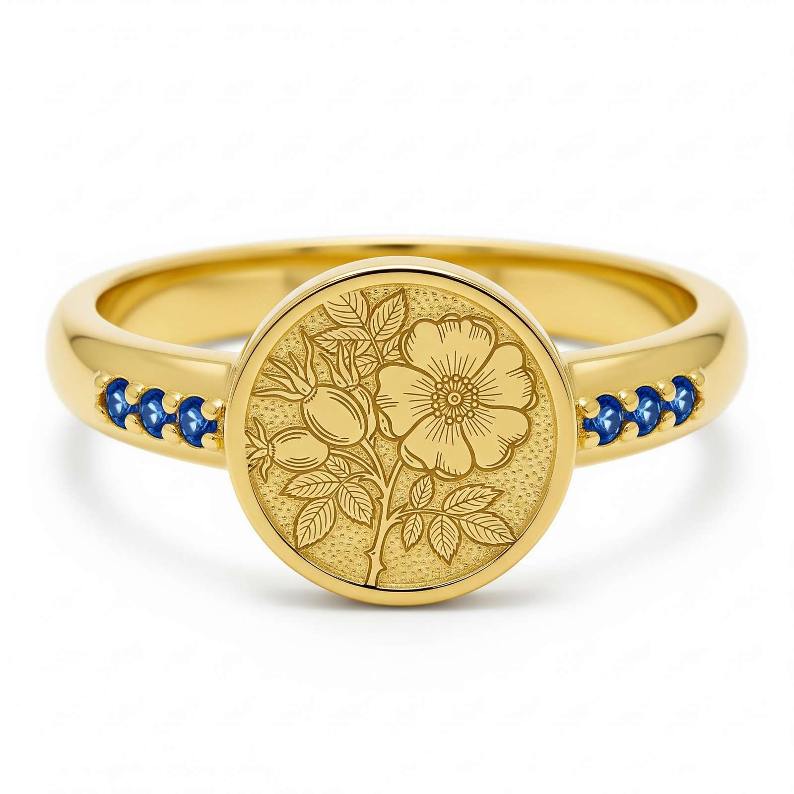 Dainty Keepsake 12 Month Customized Birth Flower Ring – Gold Flower Signet Ring with Blue Sapphires – Personalized Floral Engraving Ring Gift