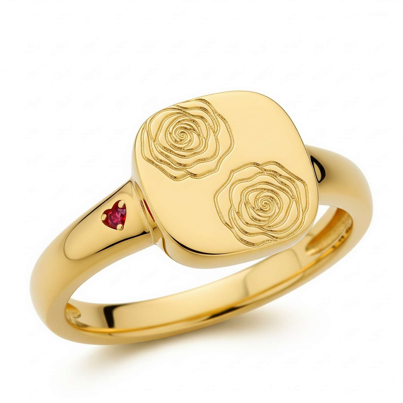 Dainty Keepsake 12 Month Customized Stainless Steel Birth Flower Ring – Gold Engraved Rose Birth Flower Ring with Ruby Heart Accent – Personalized Floral Signet Ring for Women
