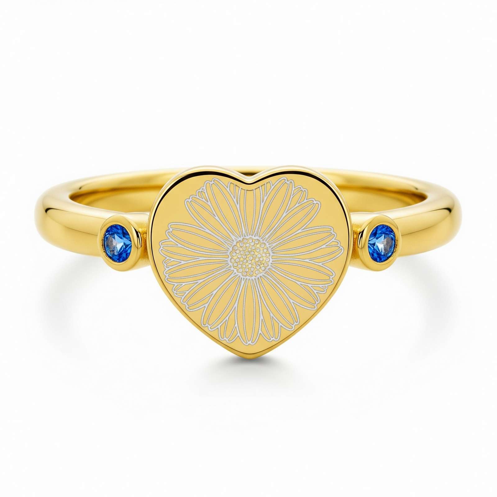 Dainty Heart Flower Ring - Personalized Floral Keepsake Ring with Customized Gold Birthstone