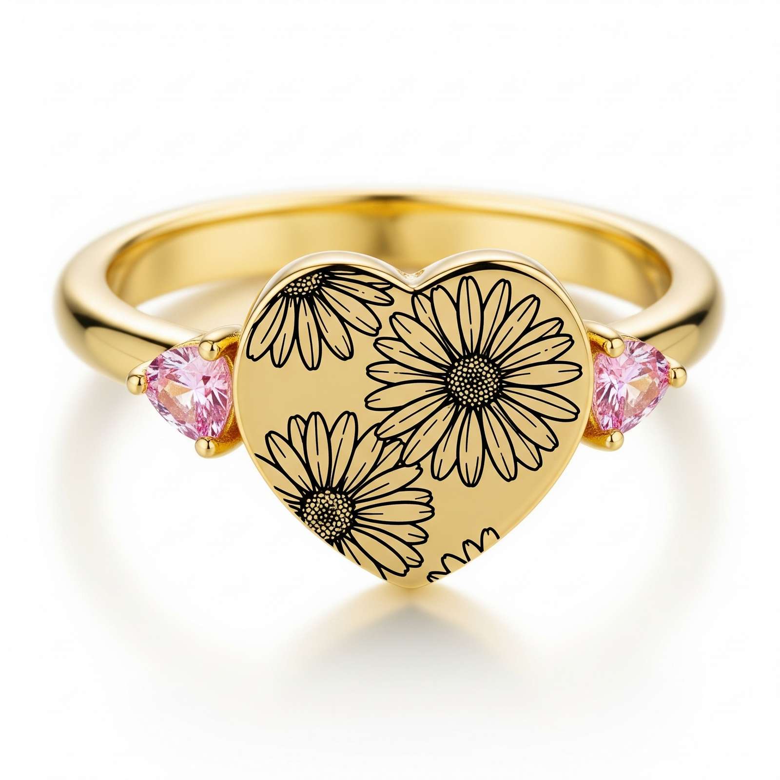 Dainty Flower Heart Ring with Pink Gemstone | Customized Birth Flower Keepsake Ring