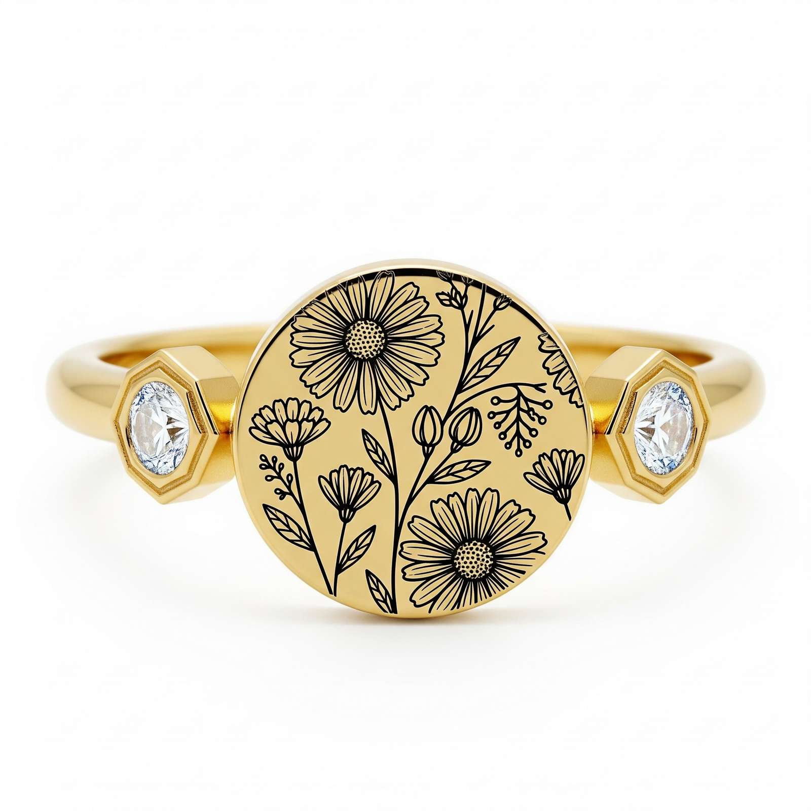 Dainty Floral Birthstone Ring - Custom Engraved Flower Ring with Gold Keepsake Charm
