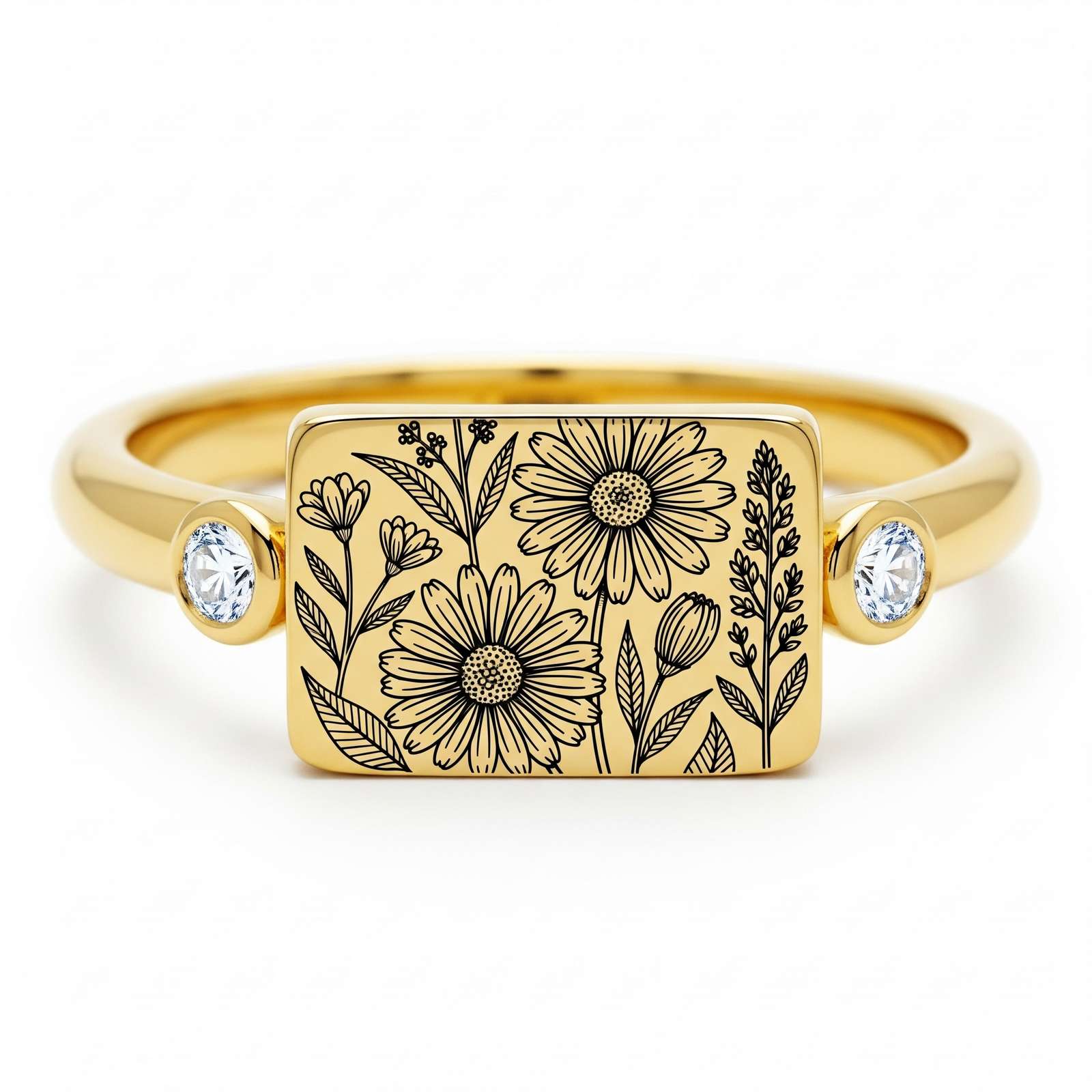 Dainty Floral Gold Ring - Customized Birth Flower Ring in Stainless Steel Keepsake Design