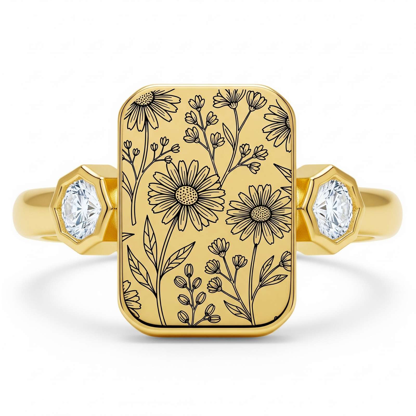 Dainty Keepsake 12 Month Customized Stainless Steel Birth Flower Ring | Gold Engraved Floral Birth Month Ring | Personalized Daisy Birth Flower Jewelry