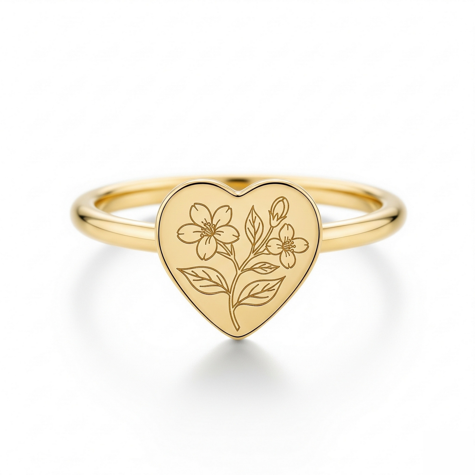 Elegant Dainty Floral Heart Ring – Personalized Birth Flower Ring with Delicate Details – Heart-Shaped Keepsake Ring for Meaningful Everyday Wear