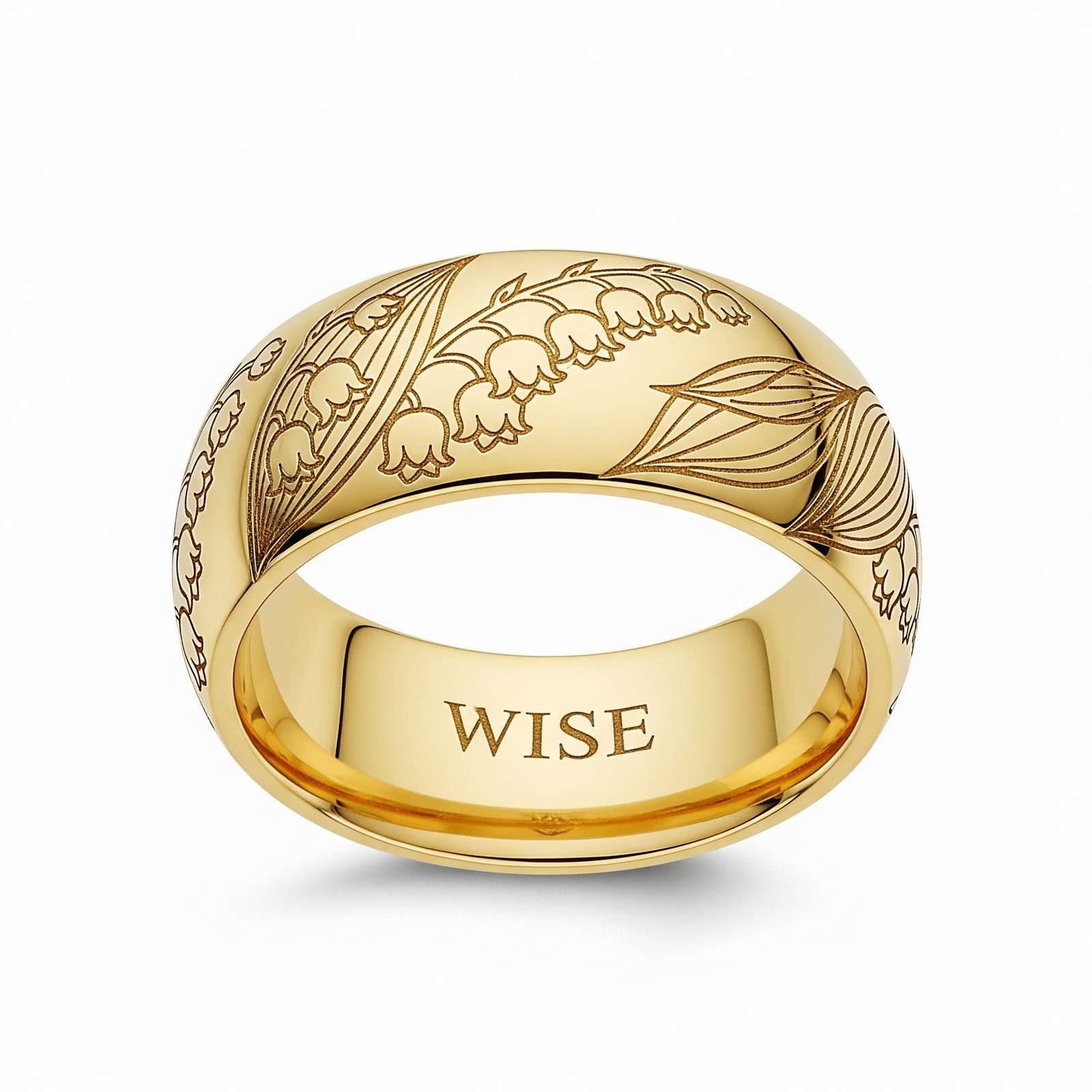 Dainty Keepsake 12 Month Customized Birth Flower Ring – Gold Engraved Lily of the Valley Ring – Personalized Floral Gold Stainless Steel Band
