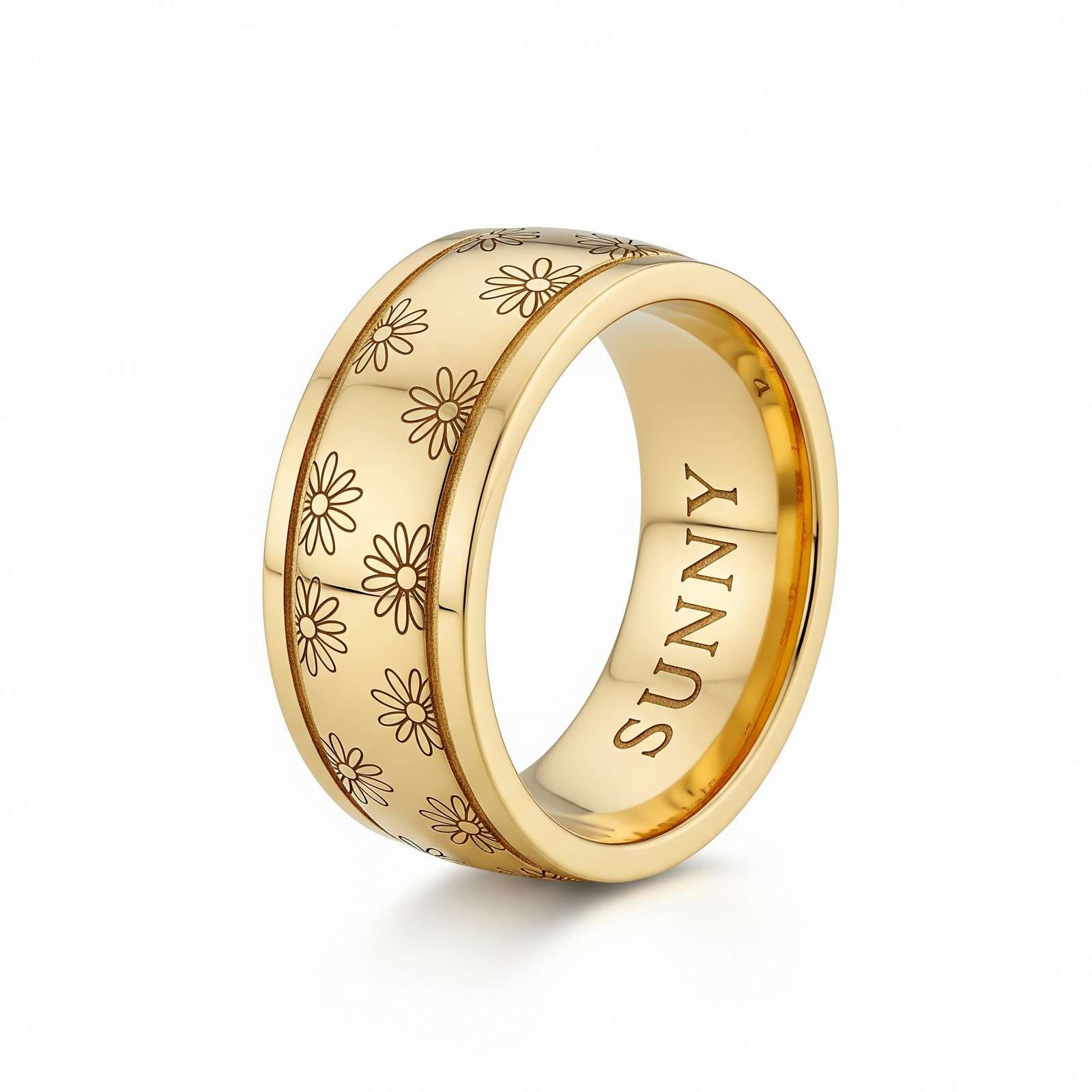 Dainty Keepsake 12 Month Customized Stainless Steel Birth Flower Ring – Personalized Gold Daisy Flower Engraved Ring – Custom Floral Engraved Name Band