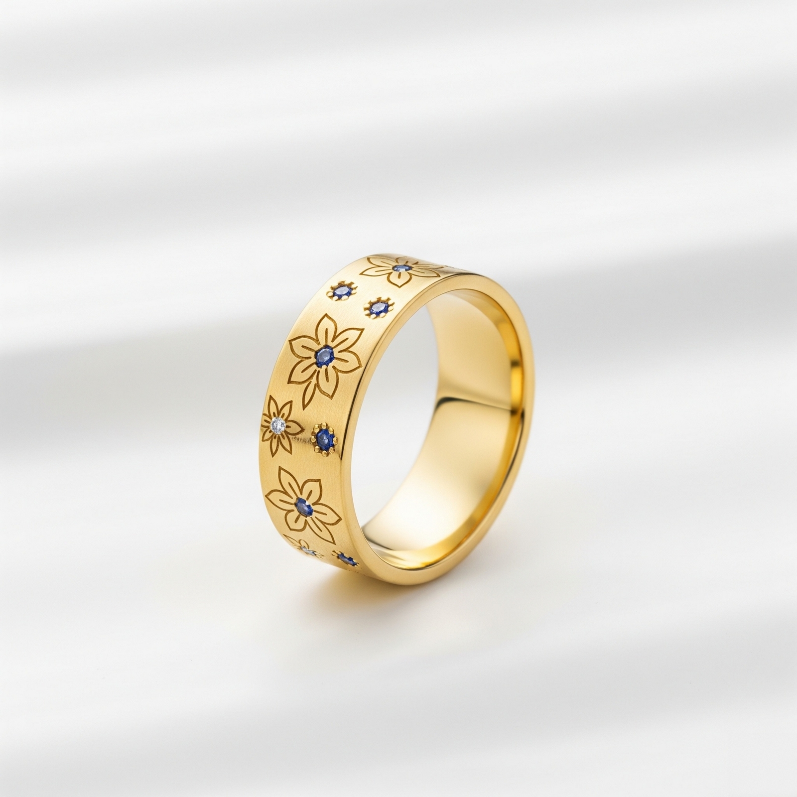 Elegant dainty birth flower ring with blue gemstones – customized 12 month floral engraved ring – timeless dainty keepsake 12 month customized stainless steel birth flower ring for personalized style and lasting memories