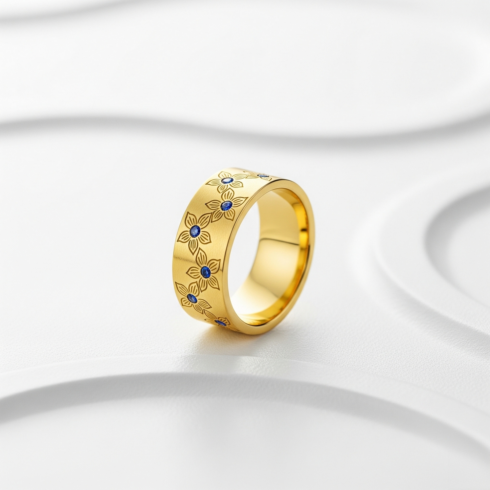 Dainty Keepsake 12 Month Customized Stainless Steel Birth Flower Ring – Wide Gold Ring with Blue Gemstone Flower Design – Gold Floral Engraved Birthstone Band