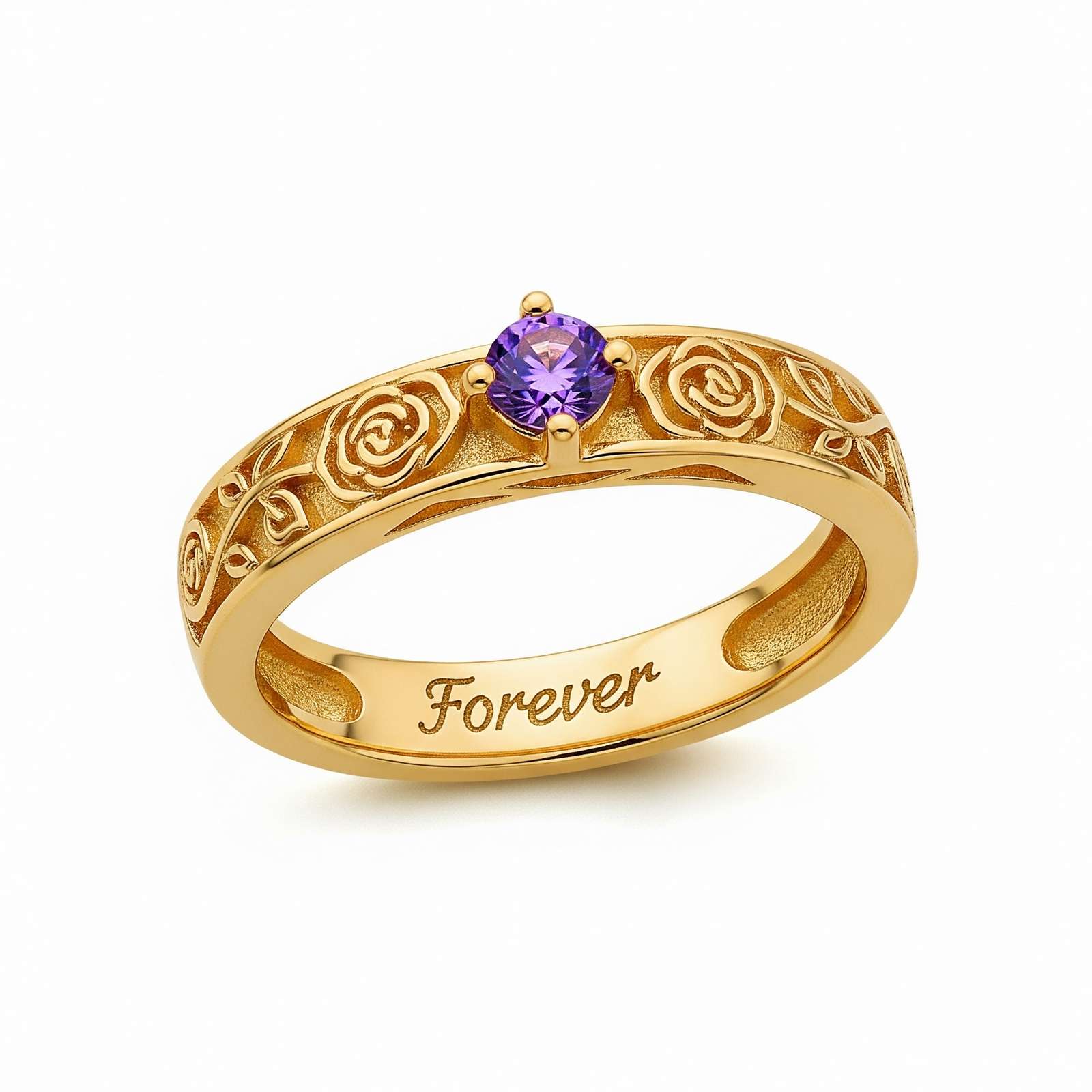Dainty Keepsake 12 Month Customized Stainless Steel Birth Flower Ring – Gold Rose Engraved Amethyst Birthstone Ring – Personalized Engraved Floral Gemstone Promise Ring