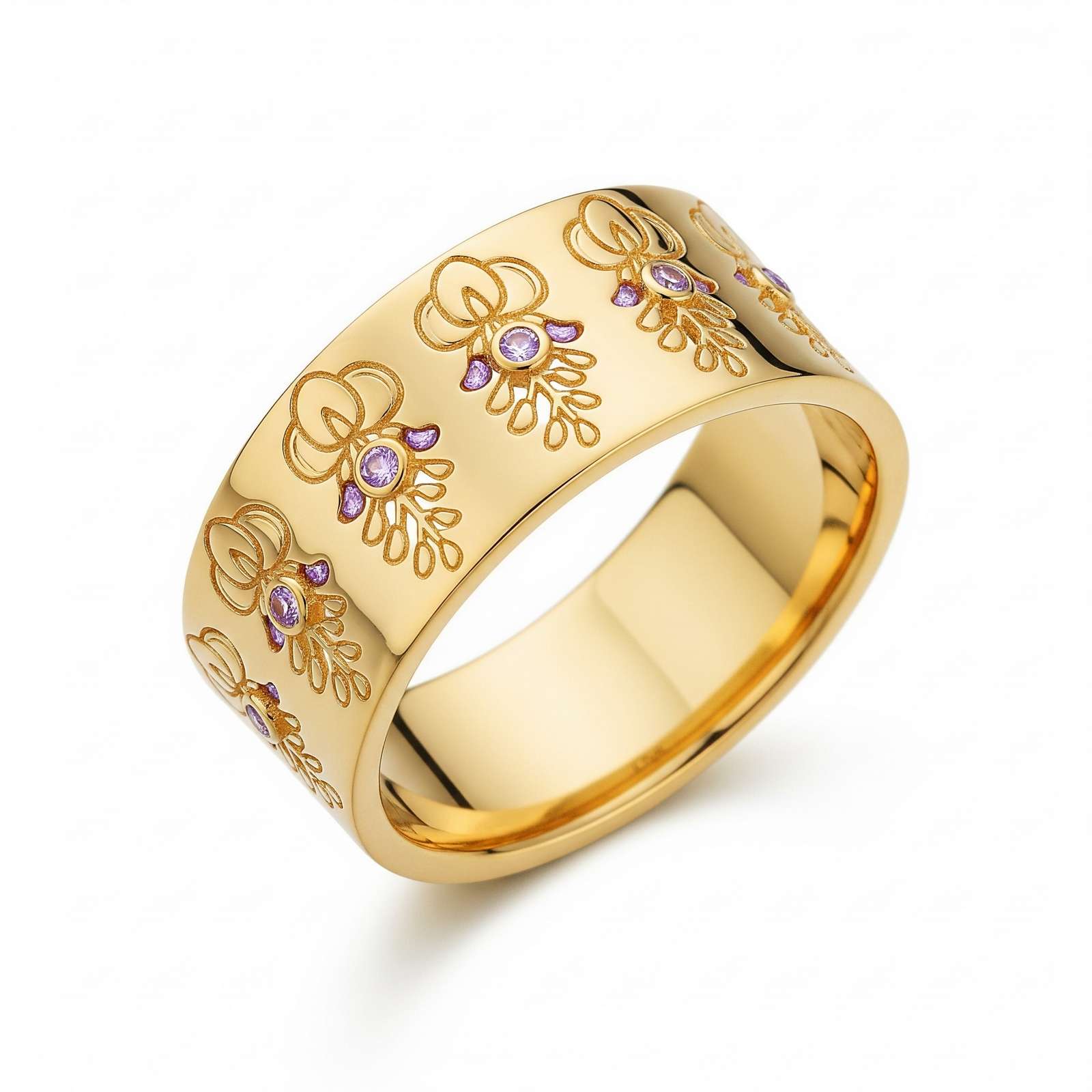 Dainty Keepsake 12 Month Customized Stainless Steel Birth Flower Ring – Engraved Gold Birth Flower Band – Personalized Floral Wide Gold Ring for Elegant Everyday Wear