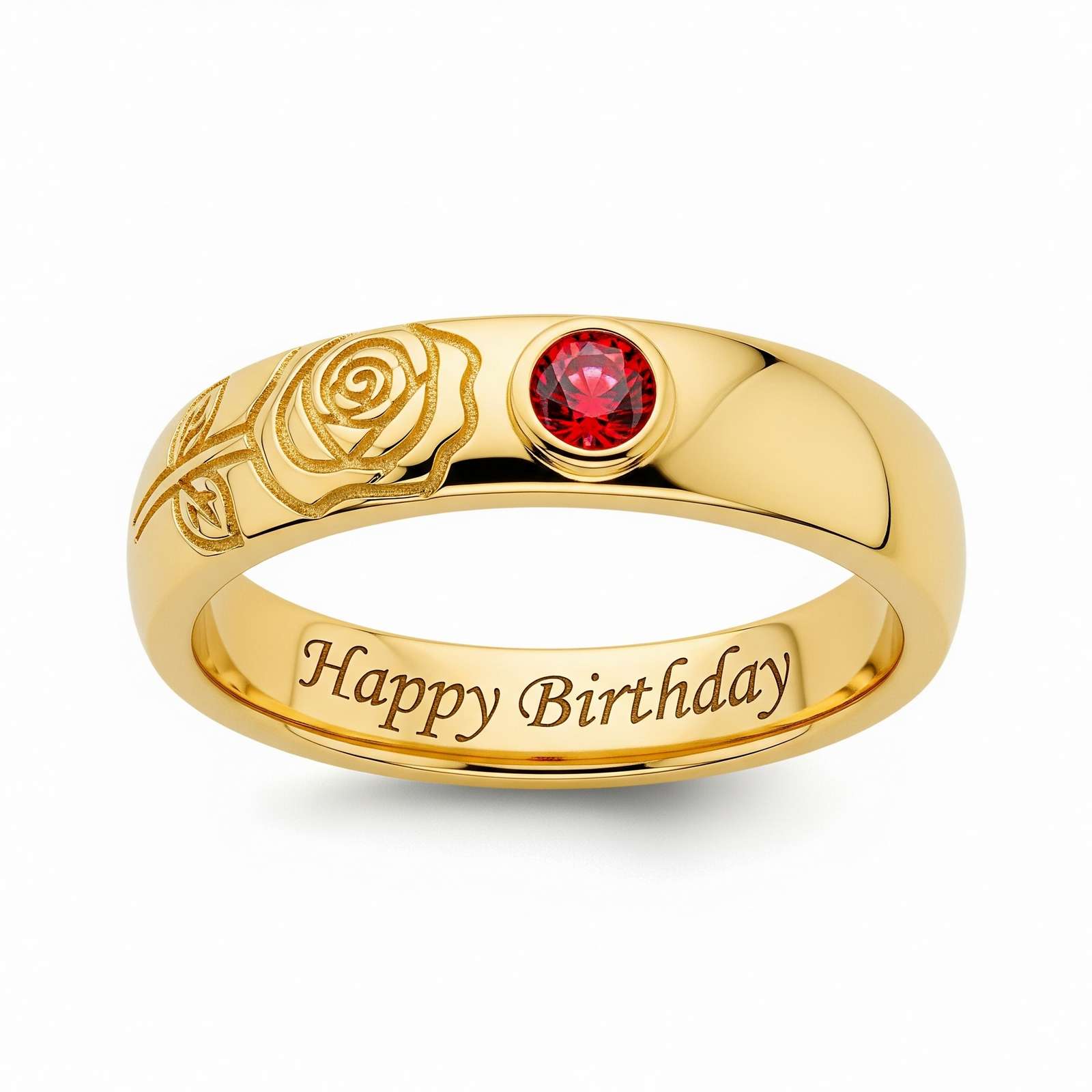 Dainty Keepsake Birthday Ring with Custom Engraved Rose and Red Gemstone Anniversary Ring