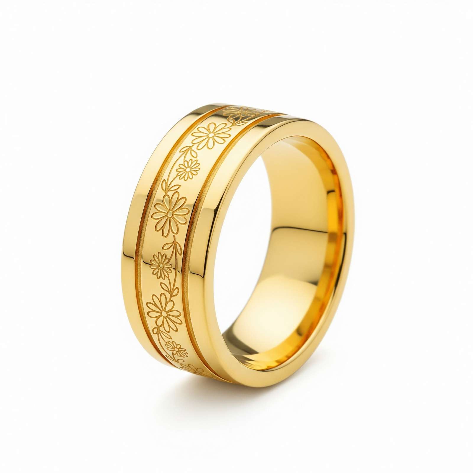 Dainty Keepsake 12 Month Customized Stainless Steel Birth Flower Ring – Gold Floral Engraved Birth Month Ring – Personalized Daisy Flower Band Ring