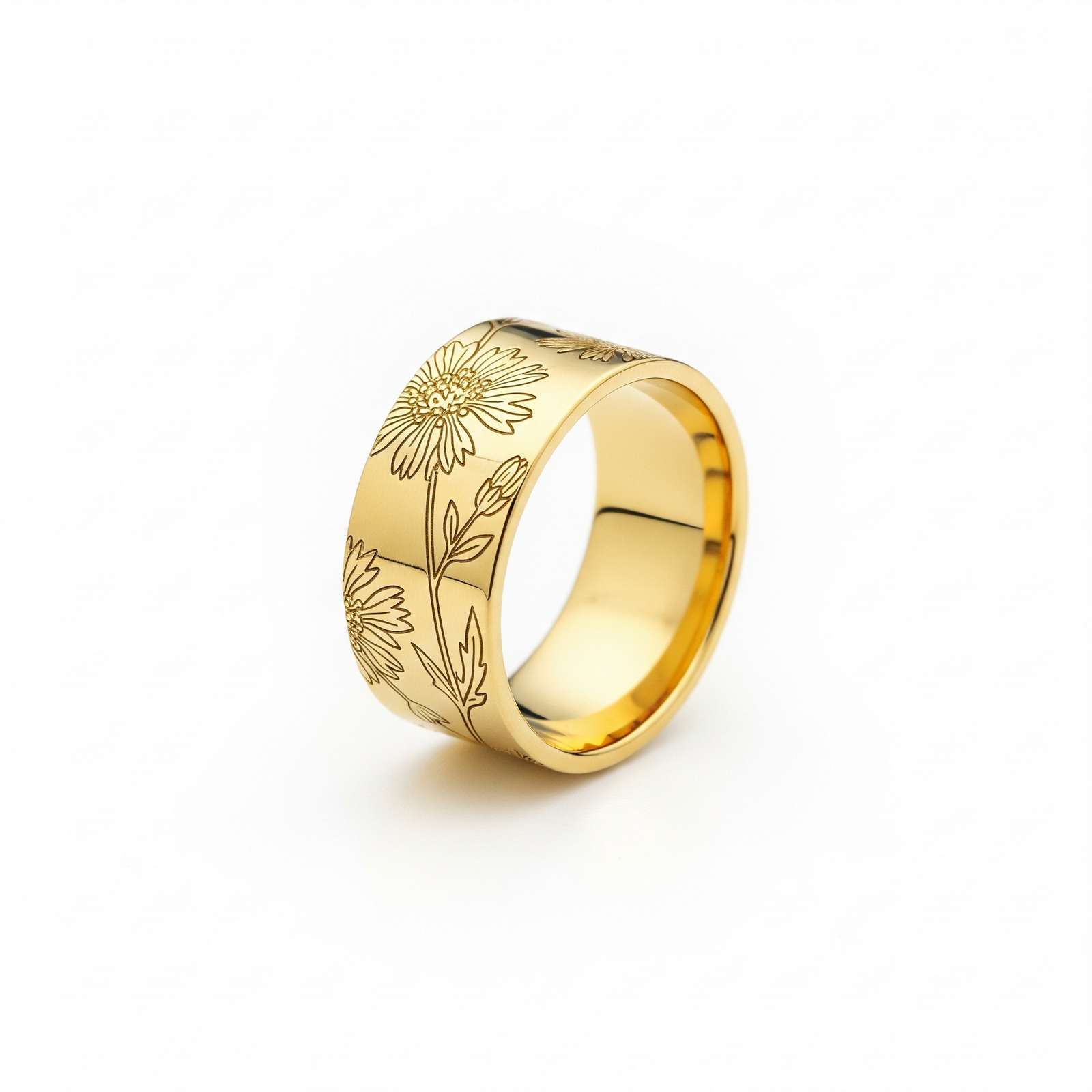Dainty Keepsake 12 Month Customized Stainless Steel Birth Flower Ring, Engraved Gold Flower Ring for Women, Personalized Floral Wide Band Ring